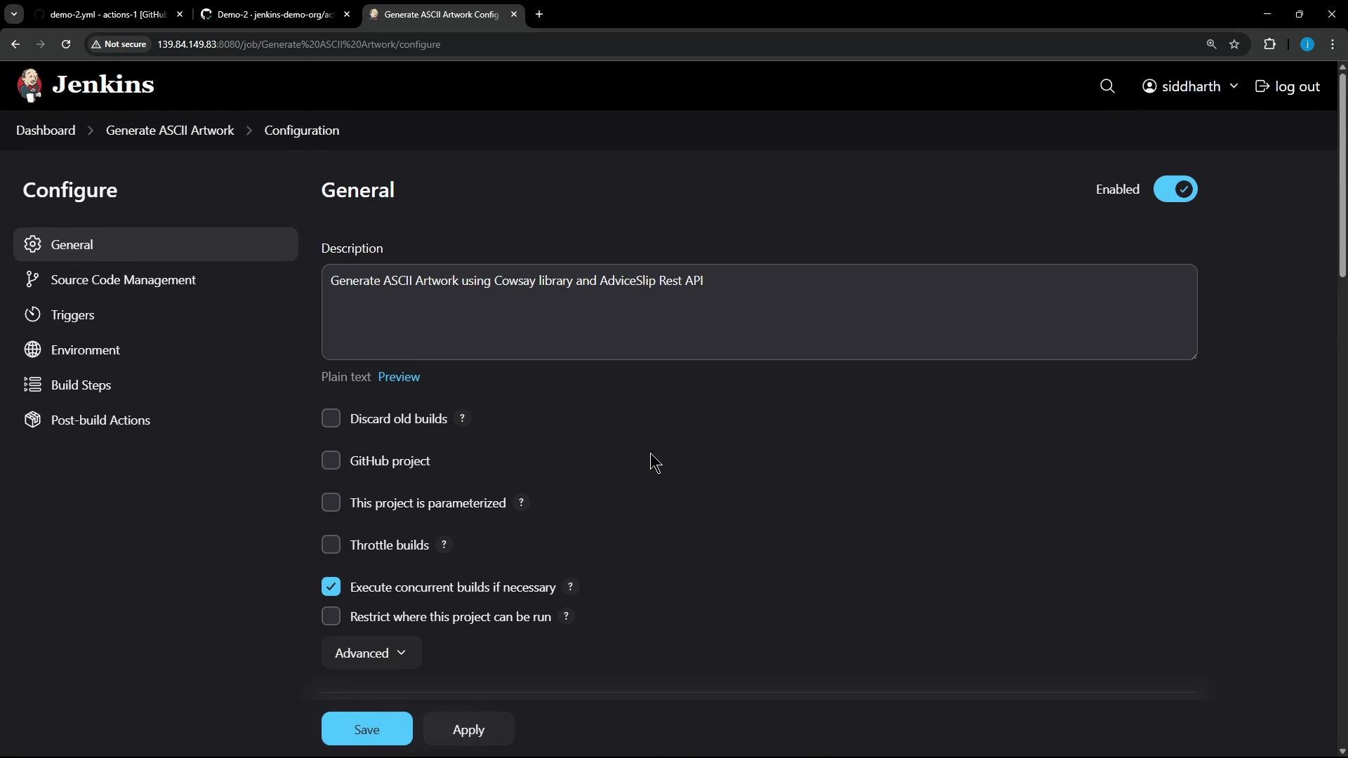 A screenshot of the Jenkins web UI showing the "Configure" page for a job (Generate ASCII Artwork) with the General settings panel, description field, and several option checkboxes. The sidebar lists other sections (Source Code Management, Triggers, Environment, Build Steps) and Save/Apply buttons are visible at the bottom.