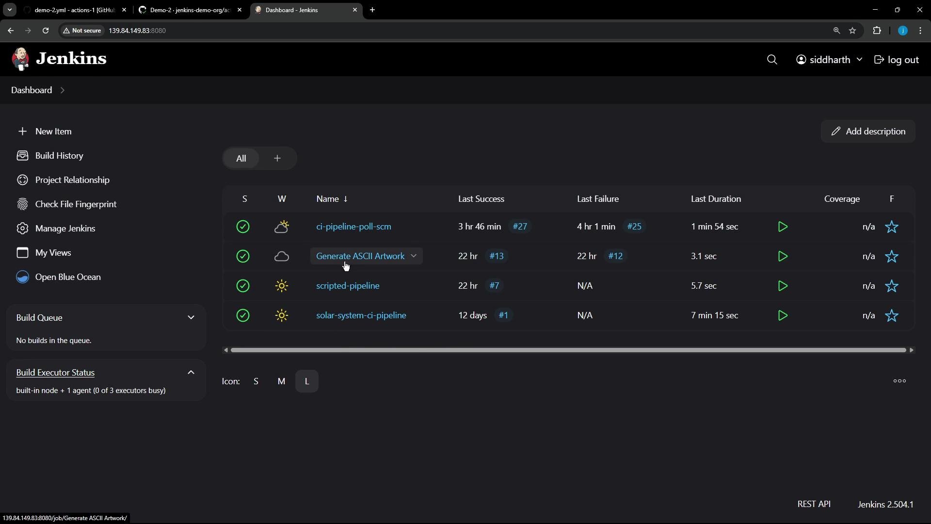 A dark-themed Jenkins dashboard screenshot showing a list of CI pipeline jobs (ci-pipeline-poll-scm, Generate ASCII Artwork, scripted-pipeline, solar-system-ci-pipeline) with columns for last success, failure, and duration. The left sidebar shows navigation items like New Item, Build History, Manage Jenkins and a Build Queue panel.