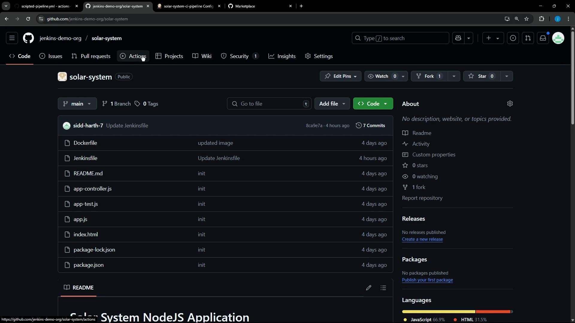 A dark-theme screenshot of a GitHub repository page for "solar-system" (jenkins-demo-org) showing the main branch file list (Dockerfile, Jenkinsfile, README.md, app.js, etc.). The right sidebar shows repository details like stars, forks, and language usage.