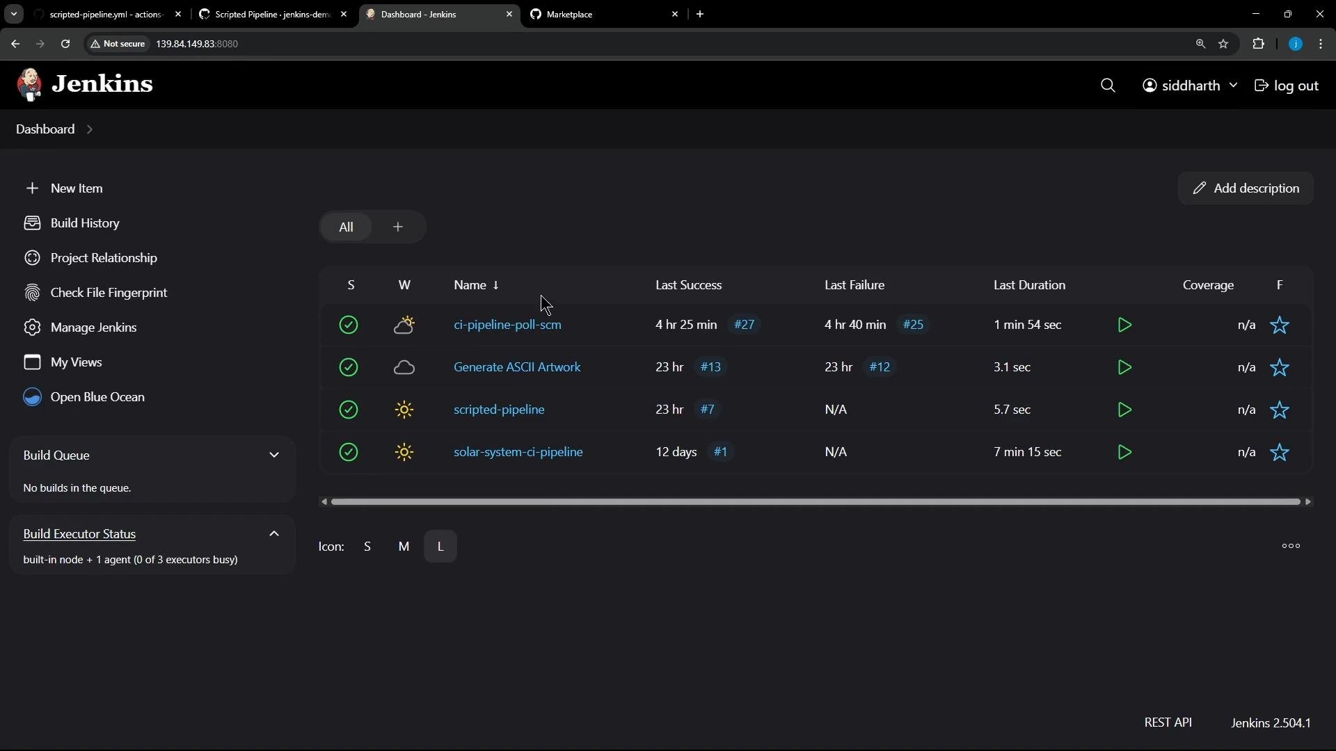 A dark-themed Jenkins dashboard showing a list of CI pipeline jobs with status icons, names, last success/failure times and durations. The left sidebar shows navigation items like New Item, Build History, Manage Jenkins, and build queue/executor status.