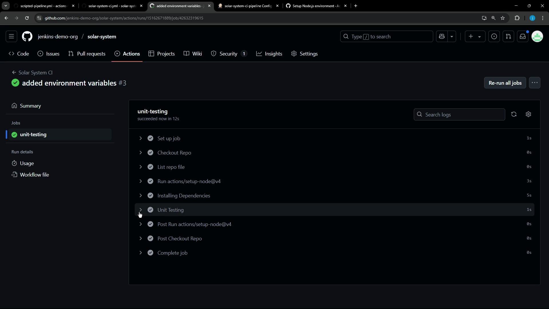 A dark‑mode GitHub Actions run page for the "jenkins-demo-org/solar-system" repo showing a successful workflow titled "added environment variables #3" and the "unit-testing" job. The job's step list (Set up job, Checkout Repo, Install Dependencies, Unit Testing, etc.) is visible with checkmarks indicating success.