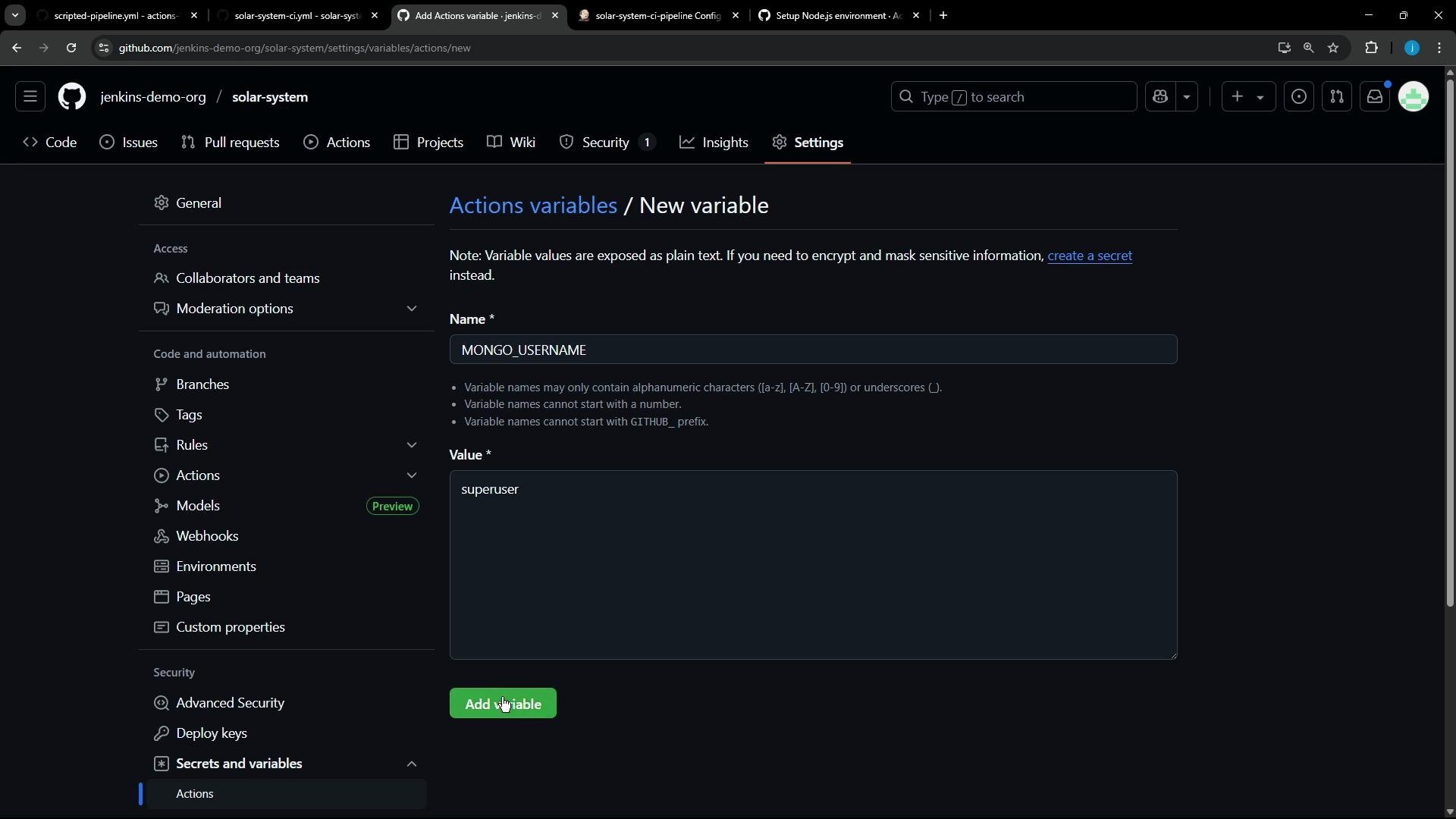 A GitHub repository settings screenshot showing the "Actions variables / New variable" page with the Name field set to MONGO_USERNAME and the Value field containing "superuser," plus a green "Add variable" button. The dark-themed UI shows repository navigation and the settings sidebar on the left.