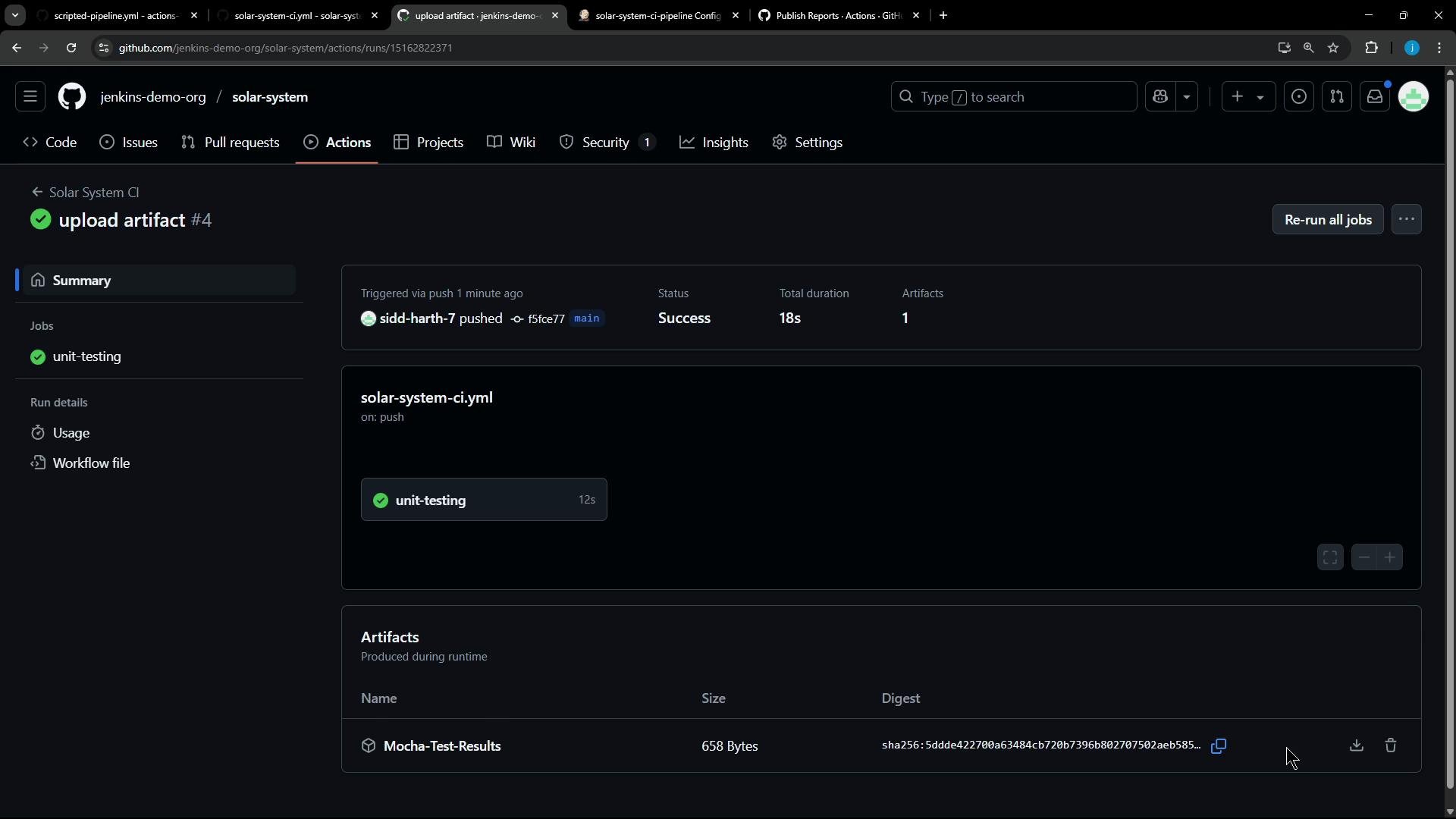 A dark-themed GitHub Actions workflow summary showing a successful "upload artifact" run for the "solar-system" repository. It displays a completed "unit-testing" job and an artifacts section listing "Mocha-Test-Results."