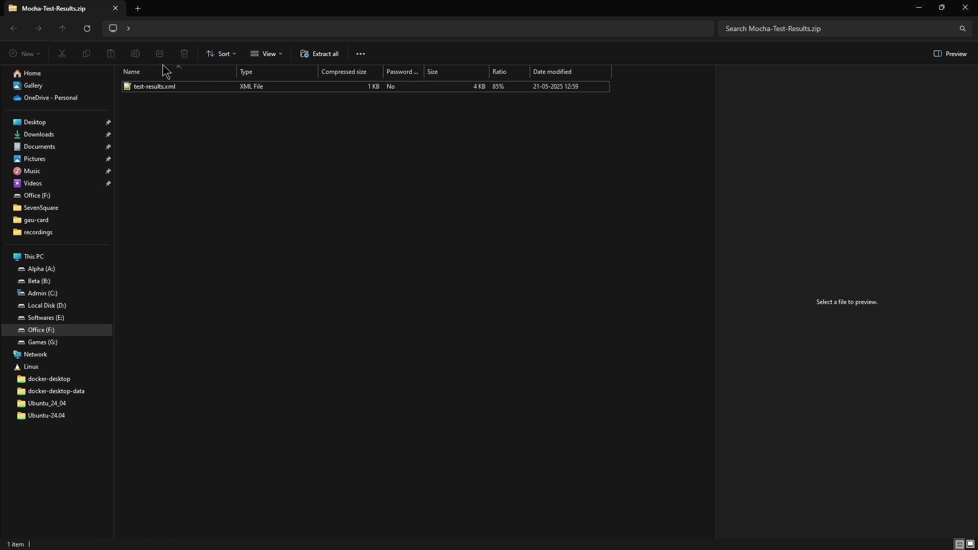 A dark‑themed Windows File Explorer window open to a ZIP archive named "Mocha-Test-Results.zip" showing a single file, test-results.xml. The left sidebar lists drives and folders and the right preview pane is empty.