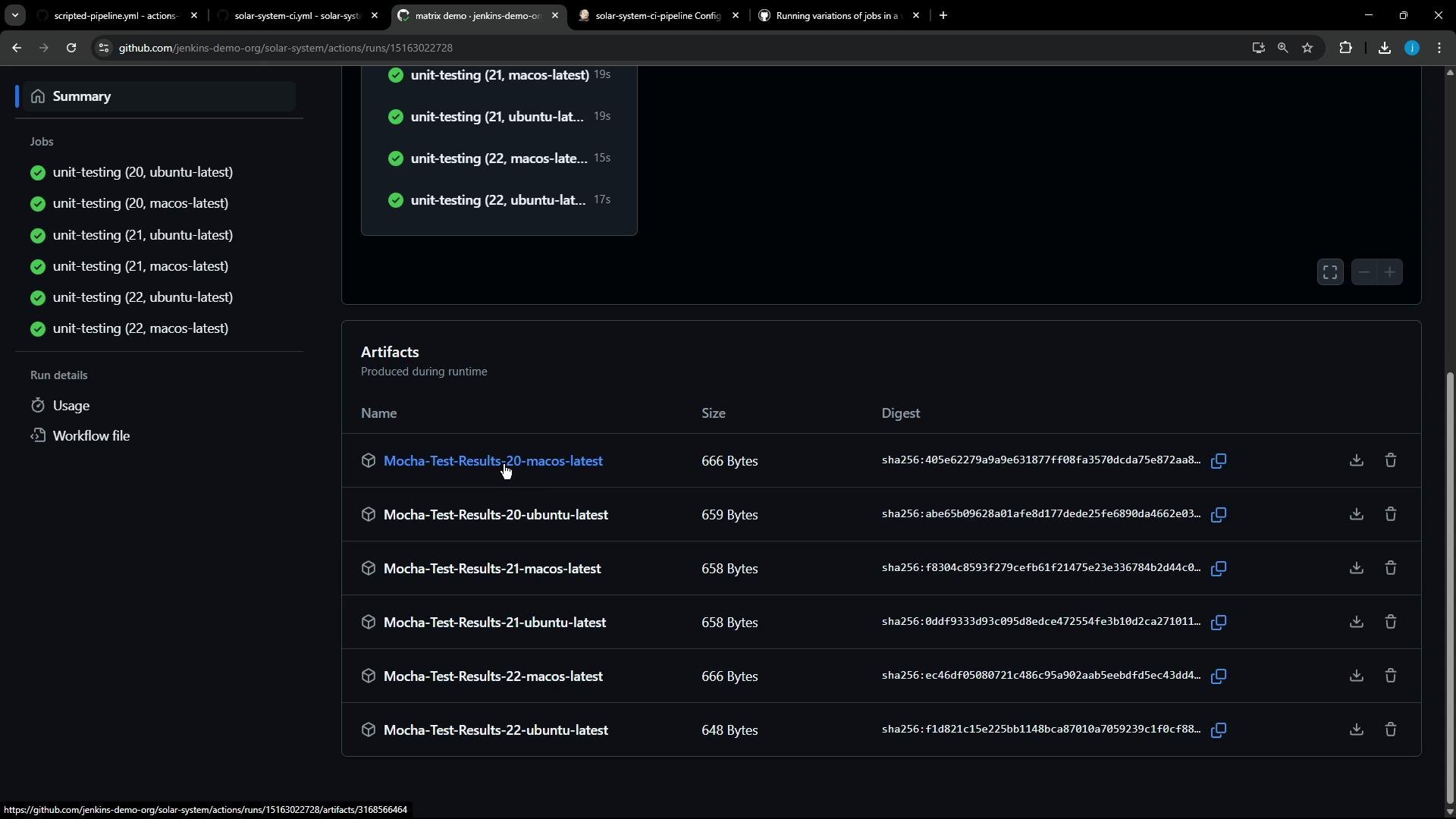 A screenshot of a GitHub Actions run page showing multiple successful "unit-testing" jobs in the left sidebar. The main pane lists produced artifacts (Mocha-Test-Results for different OS/version combos) with file sizes and SHA256 digests.