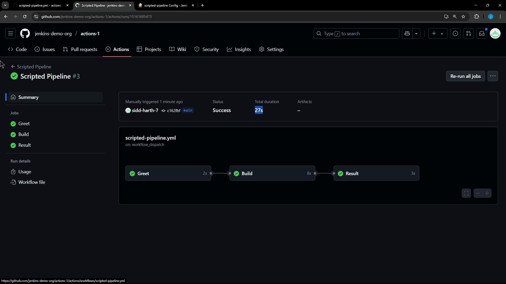 A dark‑themed GitHub Actions run summary for a "Scripted Pipeline" showing three successful jobs — Greet, Build, and Result — with a total duration of 27s. The workflow diagram and run details are displayed on the page.