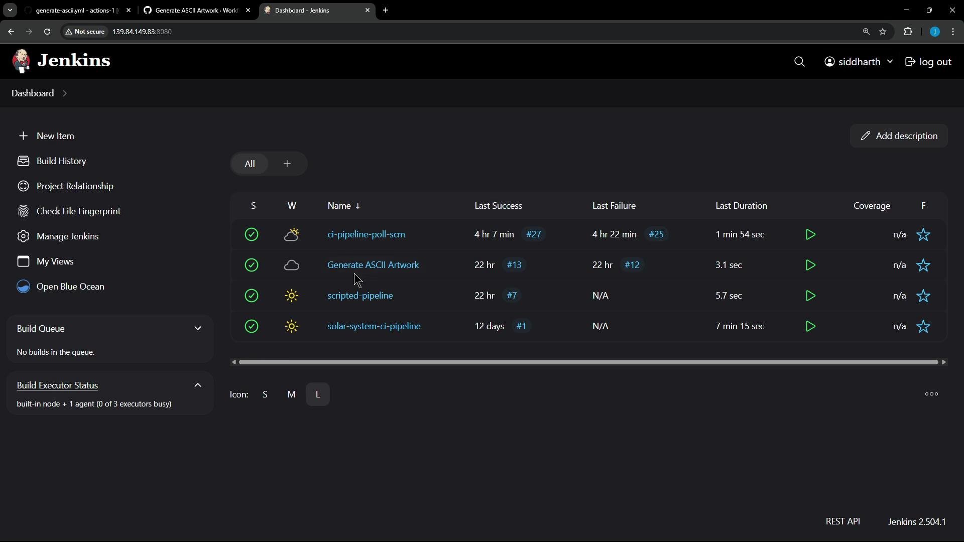 A dark-themed Jenkins dashboard screenshot showing a list of CI pipeline jobs with status icons, last success/failure times, and run durations. The left sidebar displays navigation options like New Item, Build History, and Manage Jenkins.