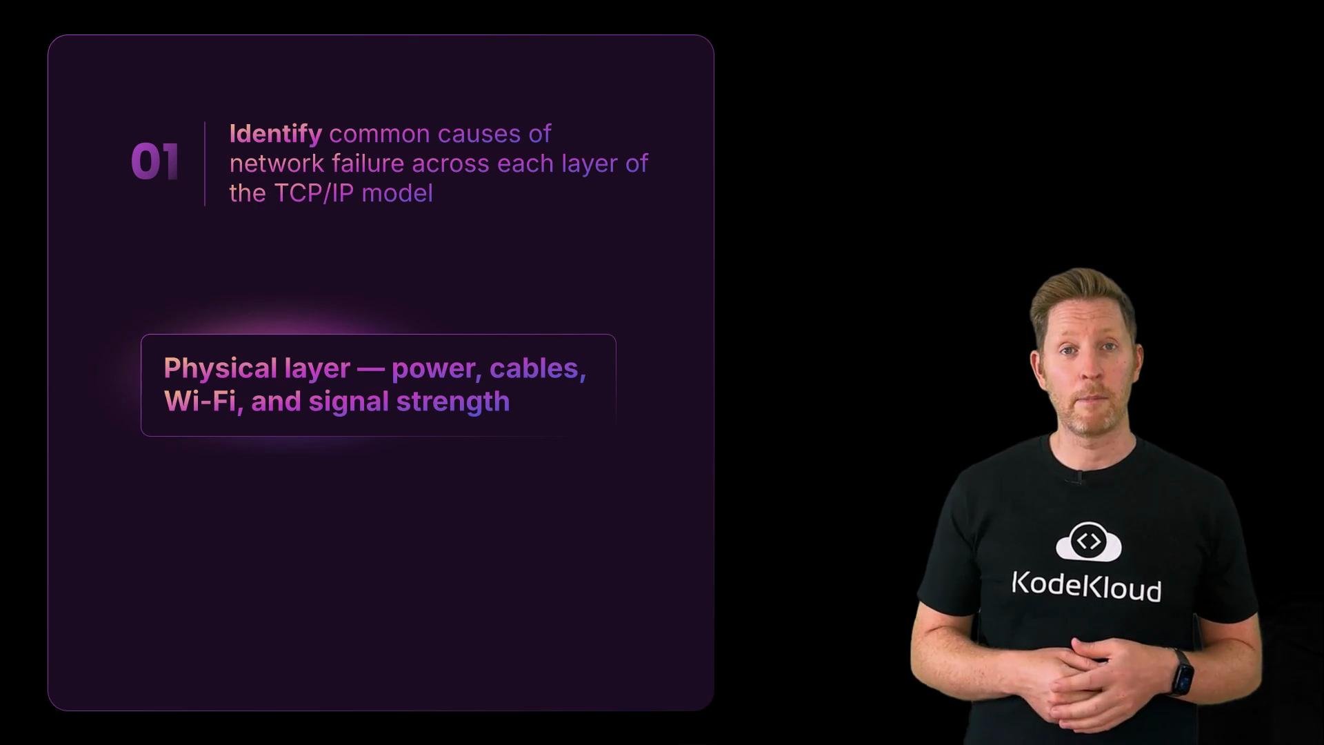 A presenter in a KodeKloud t‑shirt stands to the right of a slide. The slide is titled about identifying TCP/IP network failures and highlights the physical layer (power, cables, Wi‑Fi, and signal strength).
