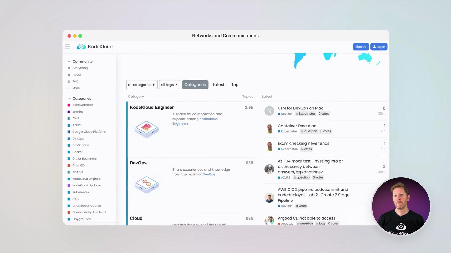 A screenshot of a KodeKloud community/forum page showing categories and topic listings (DevOps, Cloud, etc.). In the bottom-right is a small circular video overlay showing a person.