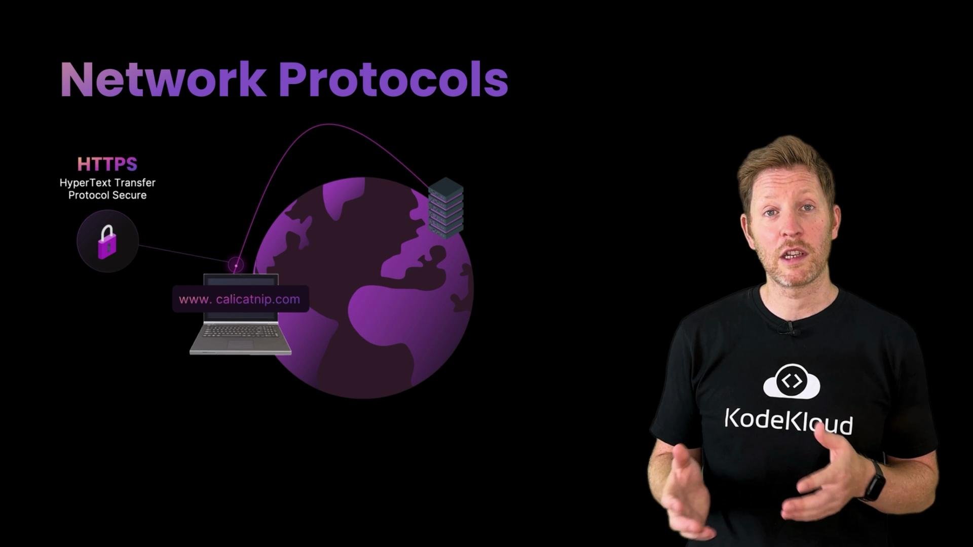A presentation slide titled "Network Protocols" with purple graphics showing a globe, a laptop, a server, and an HTTPS lock icon. A man wearing a KodeKloud t-shirt stands to the right speaking or gesturing.