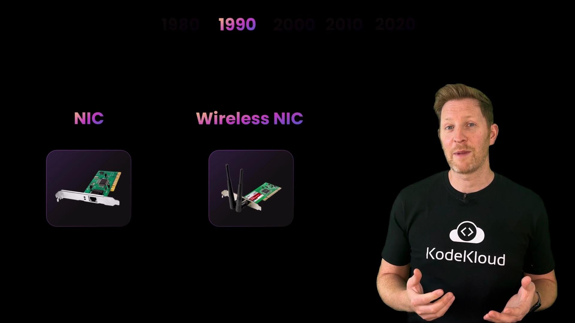 A presenter in a KodeKloud t-shirt stands on the right. To his left is a slide showing images of a NIC and a wireless NIC under a highlighted "1990" on a timeline.