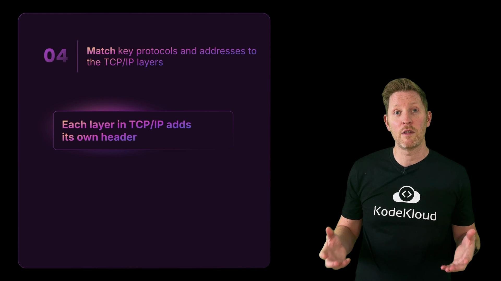 A presenter in a KodeKloud T‑shirt gestures on the right while a dark slide on the left explains TCP/IP, reading “Match key protocols and addresses to the TCP/IP layers” and “Each layer in TCP/IP adds its own header.”