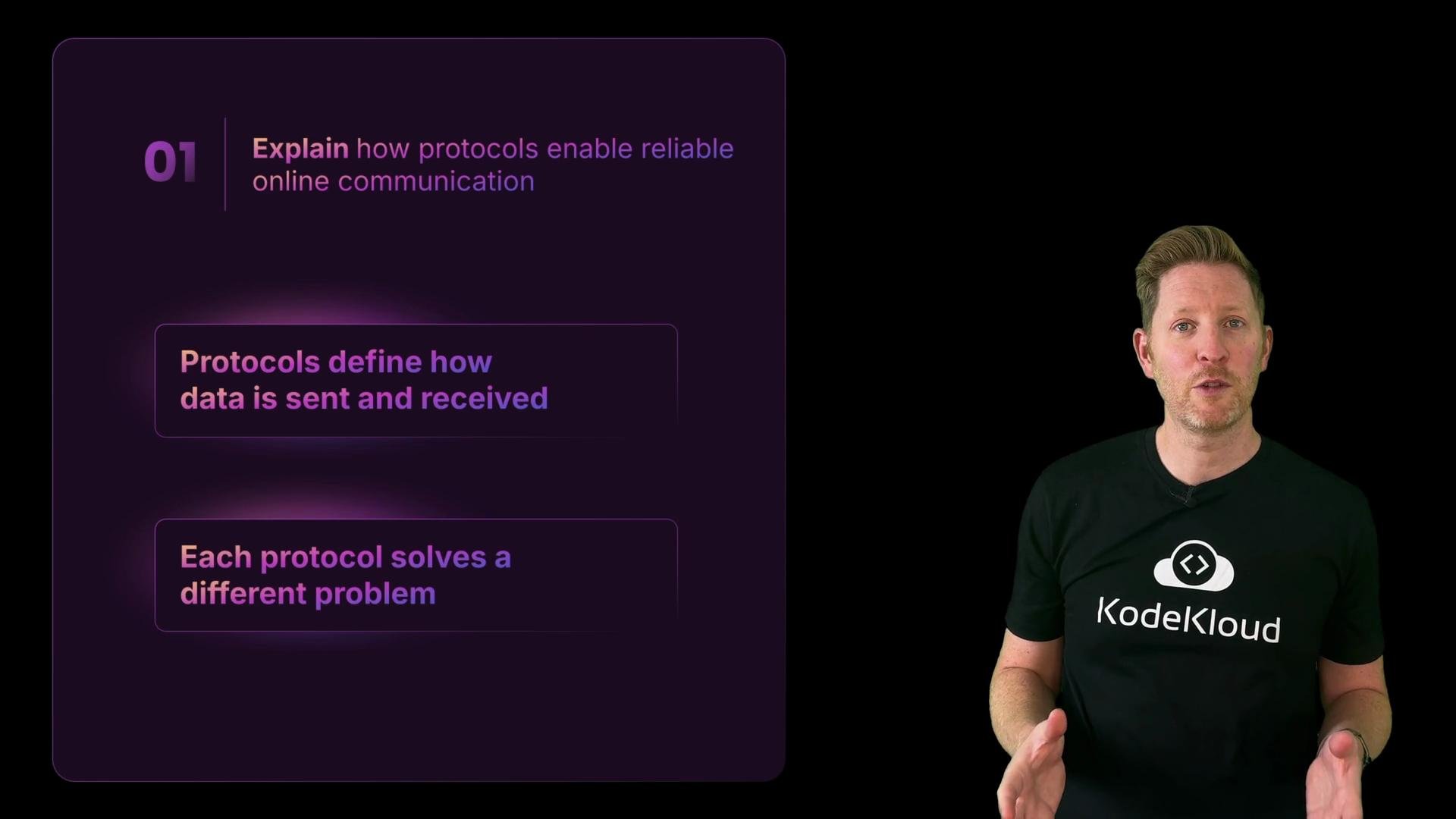 A presenter in a black "KodeKloud" t-shirt stands on the right speaking. On the left is a dark purple slide titled "Explain how protocols enable reliable online communication" with boxes saying "Protocols define how data is sent and received" and "Each protocol solves a different problem."