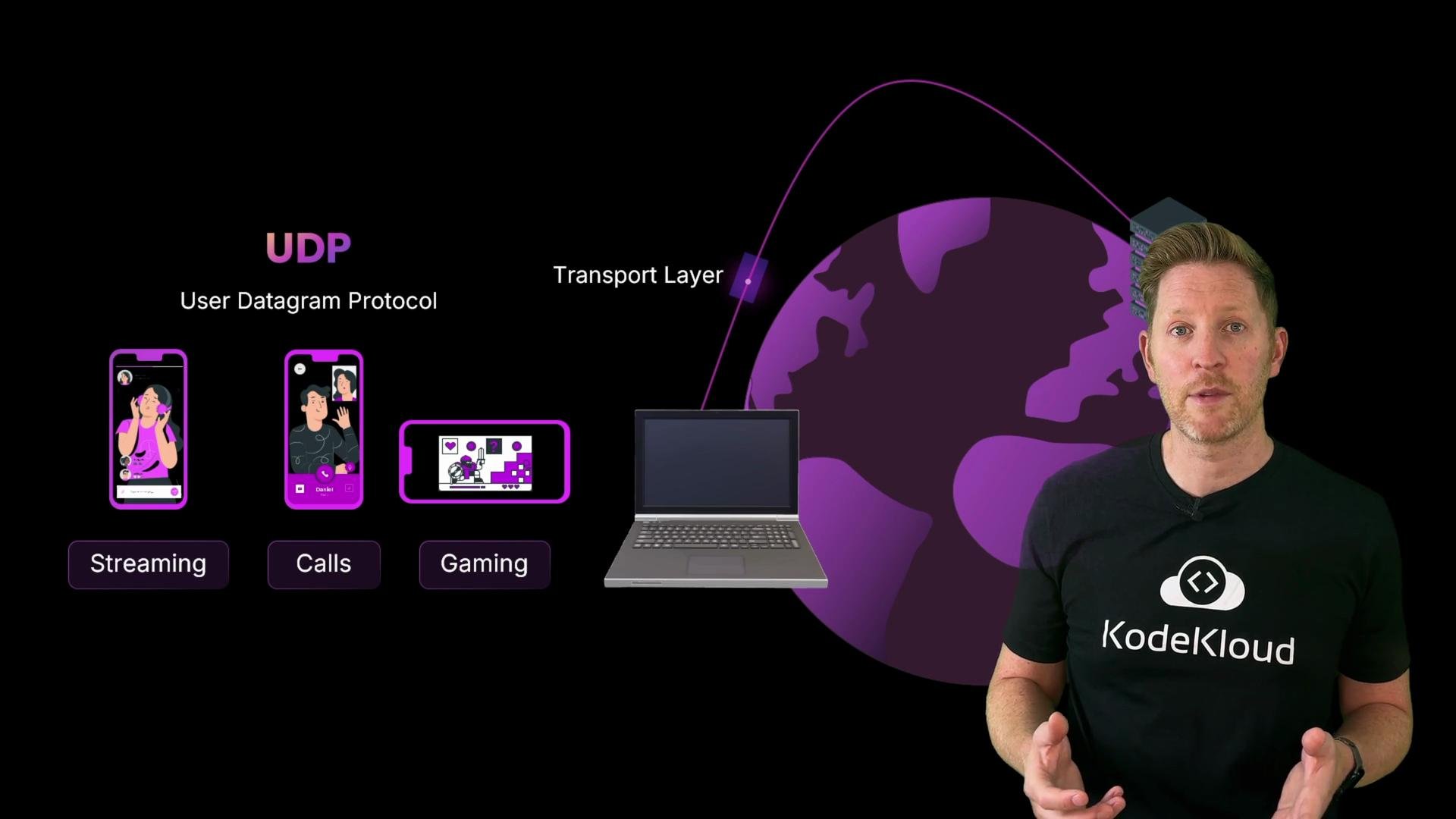 A presentation slide about UDP (User Datagram Protocol) showing icons for streaming, calls, and gaming alongside a laptop and stylized globe. A presenter wearing a KodeKloud t-shirt stands to the right of the slide.