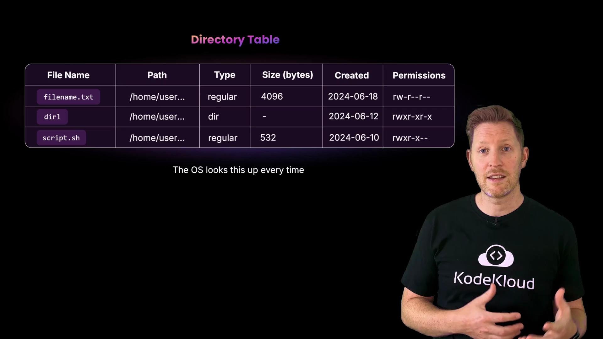 A presentation slide showing a "Directory Table" with rows for filenames, paths, types, sizes, creation dates and permissions. A person stands to the right of the slide, gesturing while speaking.