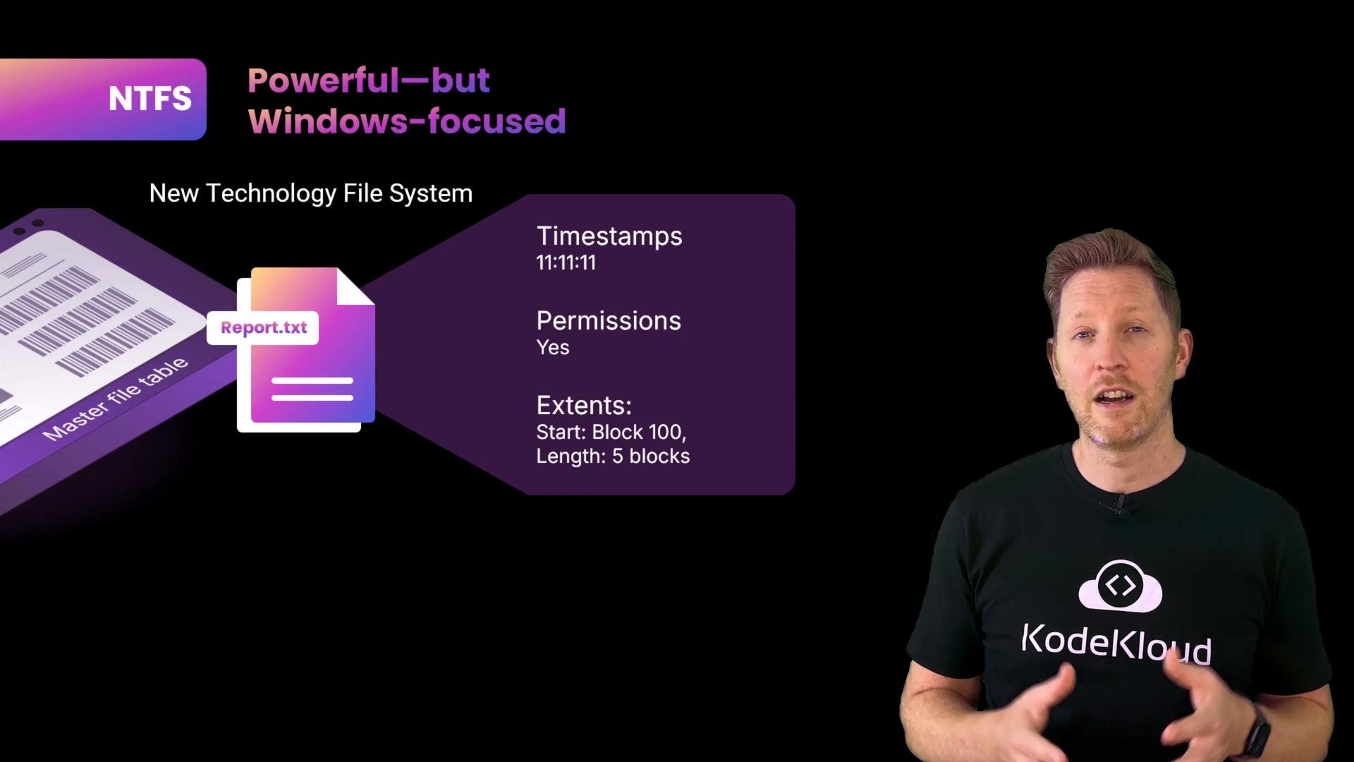 A presentation slide about the NTFS file system showing a file icon labeled "Report.txt" with timestamps, permissions, and extents listed, alongside a stylized master file table graphic. A man wearing a KodeKloud shirt stands to the right speaking.