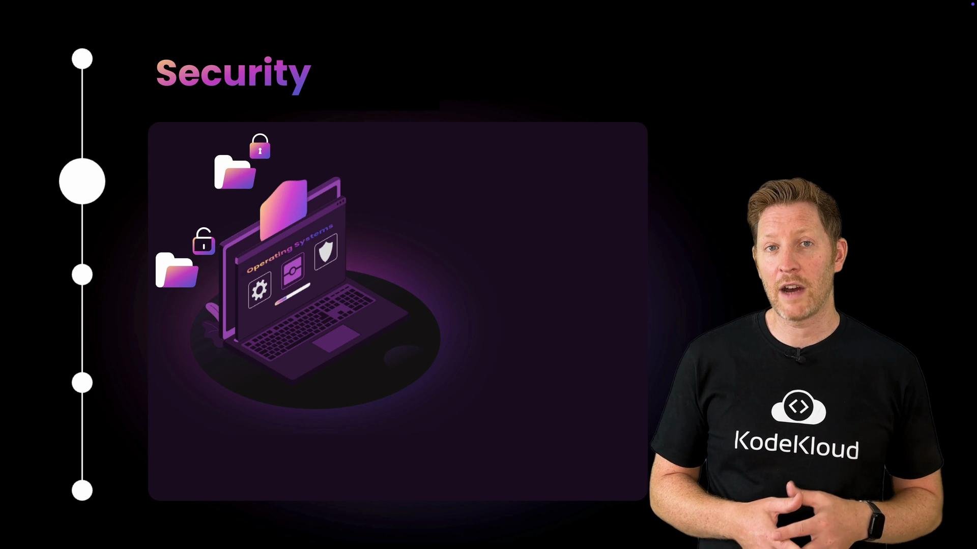 A presenter wearing a KodeKloud t-shirt stands on the right. To the left is a slide titled "Security" with a purple-themed illustration of a laptop, folders and padlocks representing data protection.