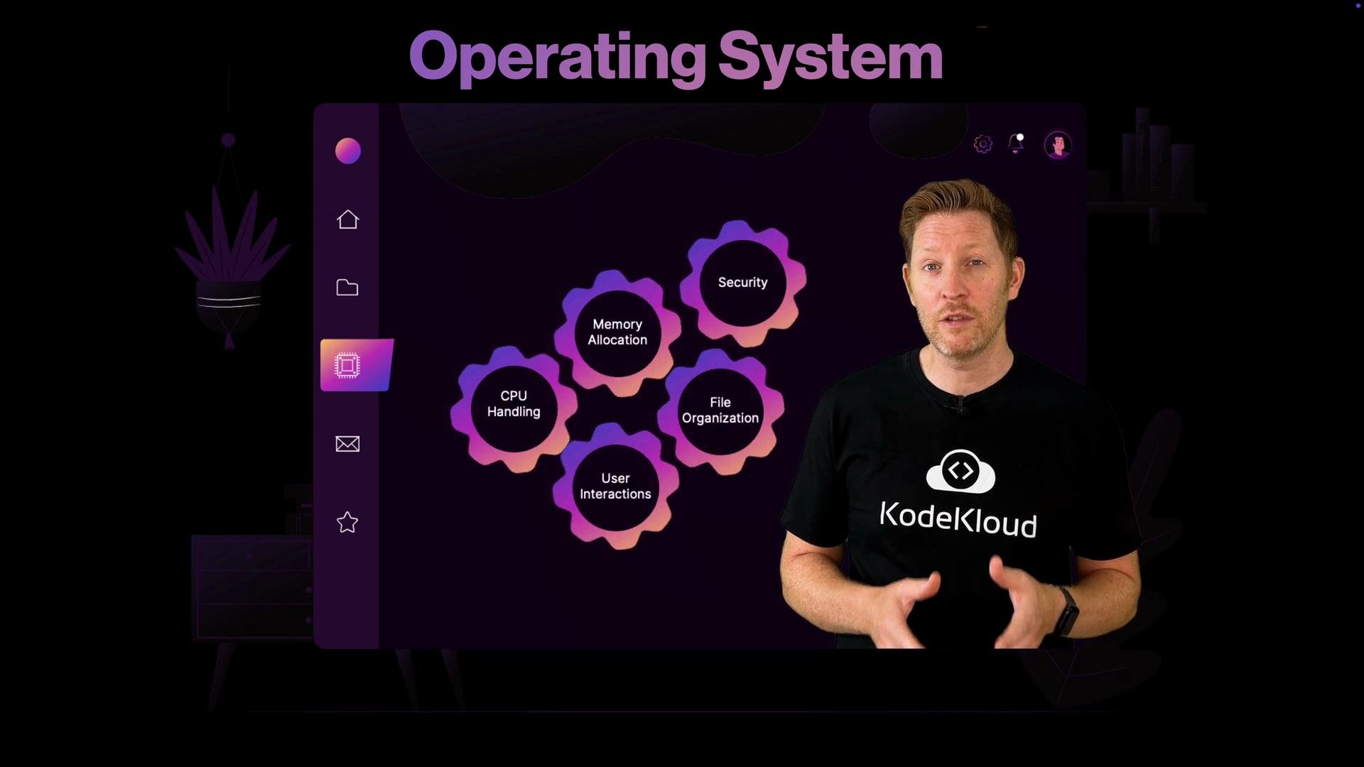 A presenter stands to the right of a dark purple slide titled "Operating System" that shows colorful gear icons labeled CPU Handling, Memory Allocation, File Organization, Security, and User Interactions. The presenter wears a black shirt with a KodeKloud logo.