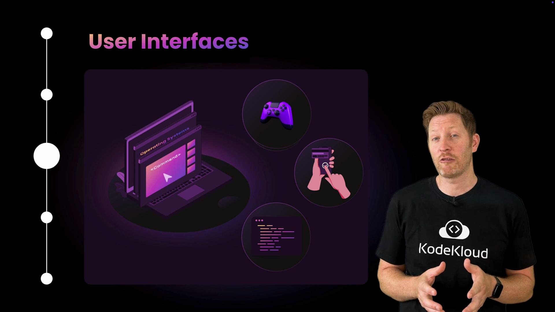 A presentation slide titled "User Interfaces" shows stylized purple illustrations of a laptop with UI windows, a game controller, mobile touch interaction, and code snippets. A presenter wearing a KodeKloud t-shirt stands at the right against a dark background.
