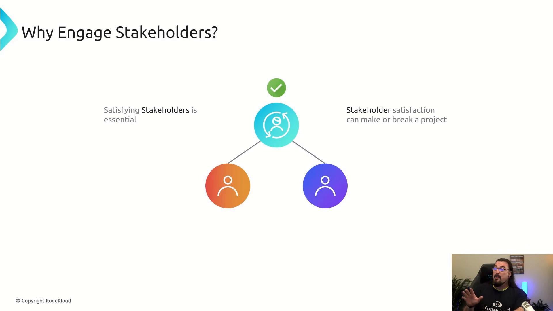 A presentation slide titled "Why Engage Stakeholders?" showing a central stakeholder icon connected to two user icons, with text saying satisfying stakeholders is essential and can make or break a project. A small video feed of the presenter appears in the bottom-right.