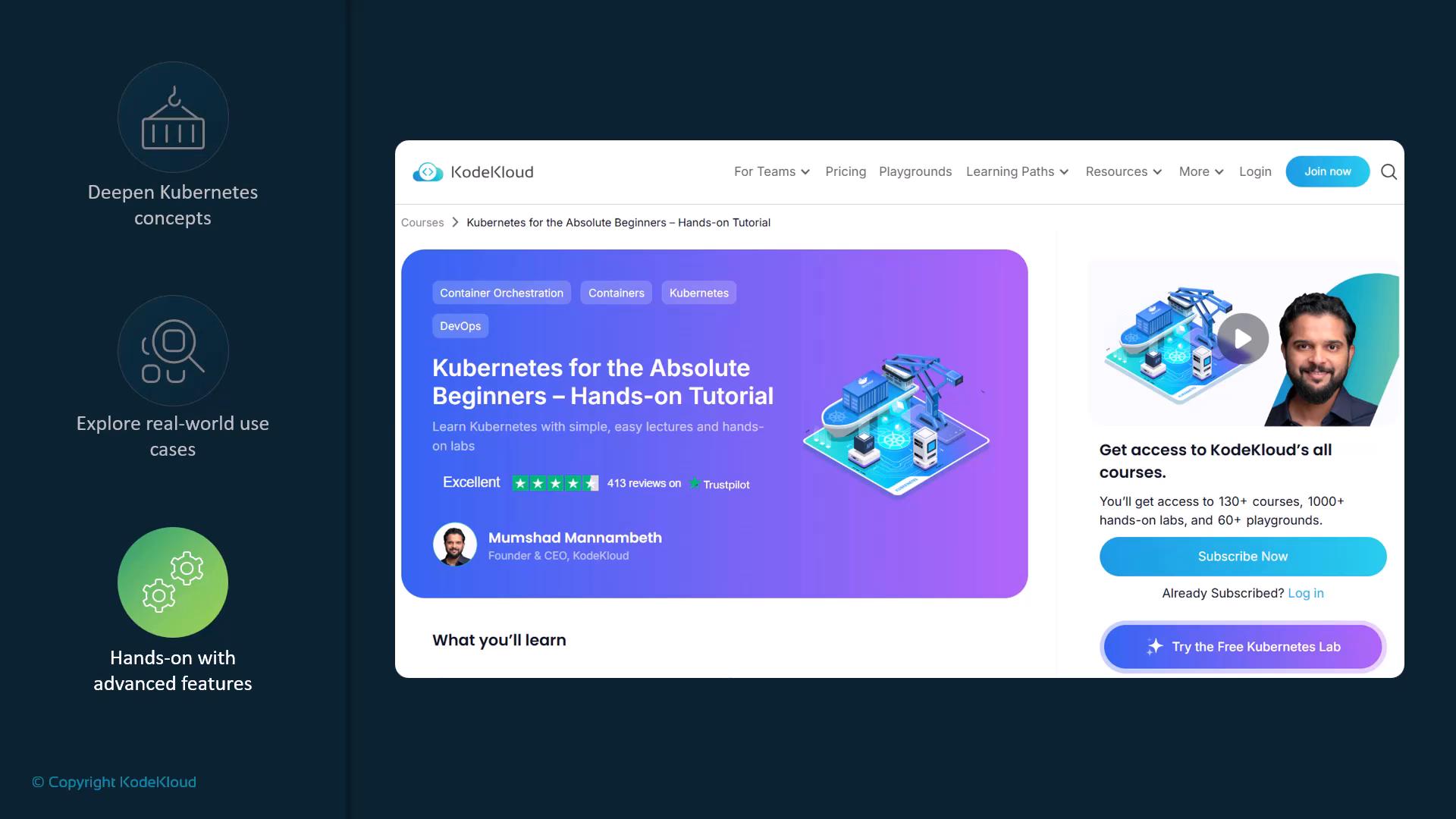 A KodeKloud course landing page for "Kubernetes for the Absolute Beginners – Hands-on Tutorial," featuring a purple course card with tags, an illustration, and an instructor photo. The right sidebar shows subscription/access buttons while the left column displays feature icons on a dark background.