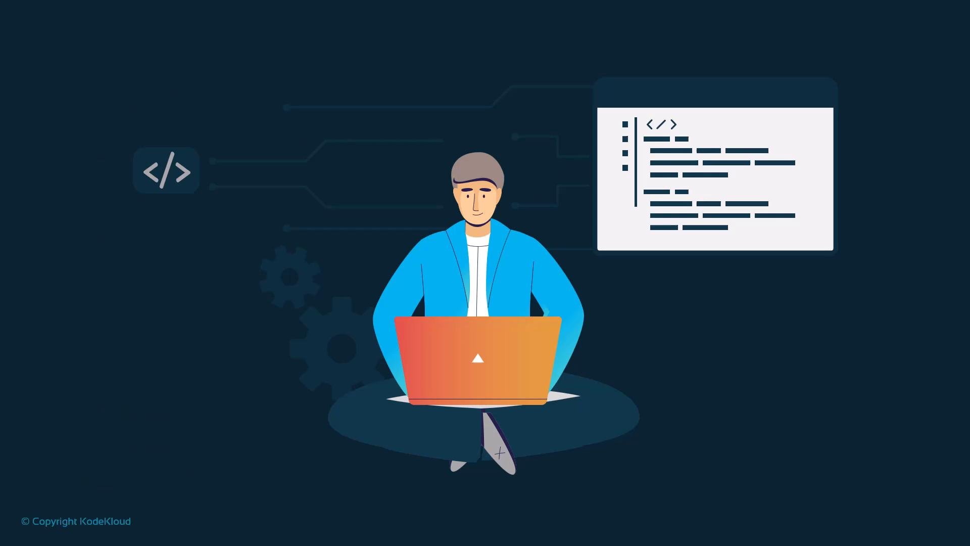 A flat-style illustration of a person sitting cross-legged working on an orange laptop. A code window, code icon, and gear graphics float beside them on a dark background.