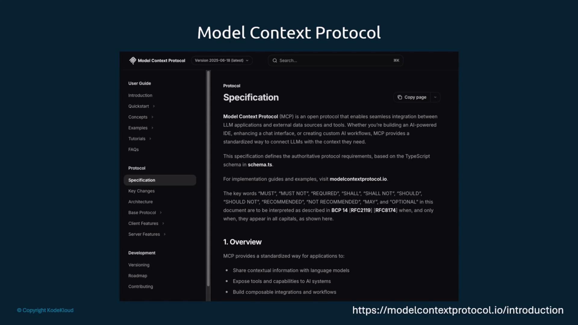 A dark-themed screenshot of the "Model Context Protocol" documentation, showing the "Specification" page with explanatory text and a left-hand navigation menu. The page header and a URL (modelcontextprotocol.io/introduction) are visible at the top and bottom.