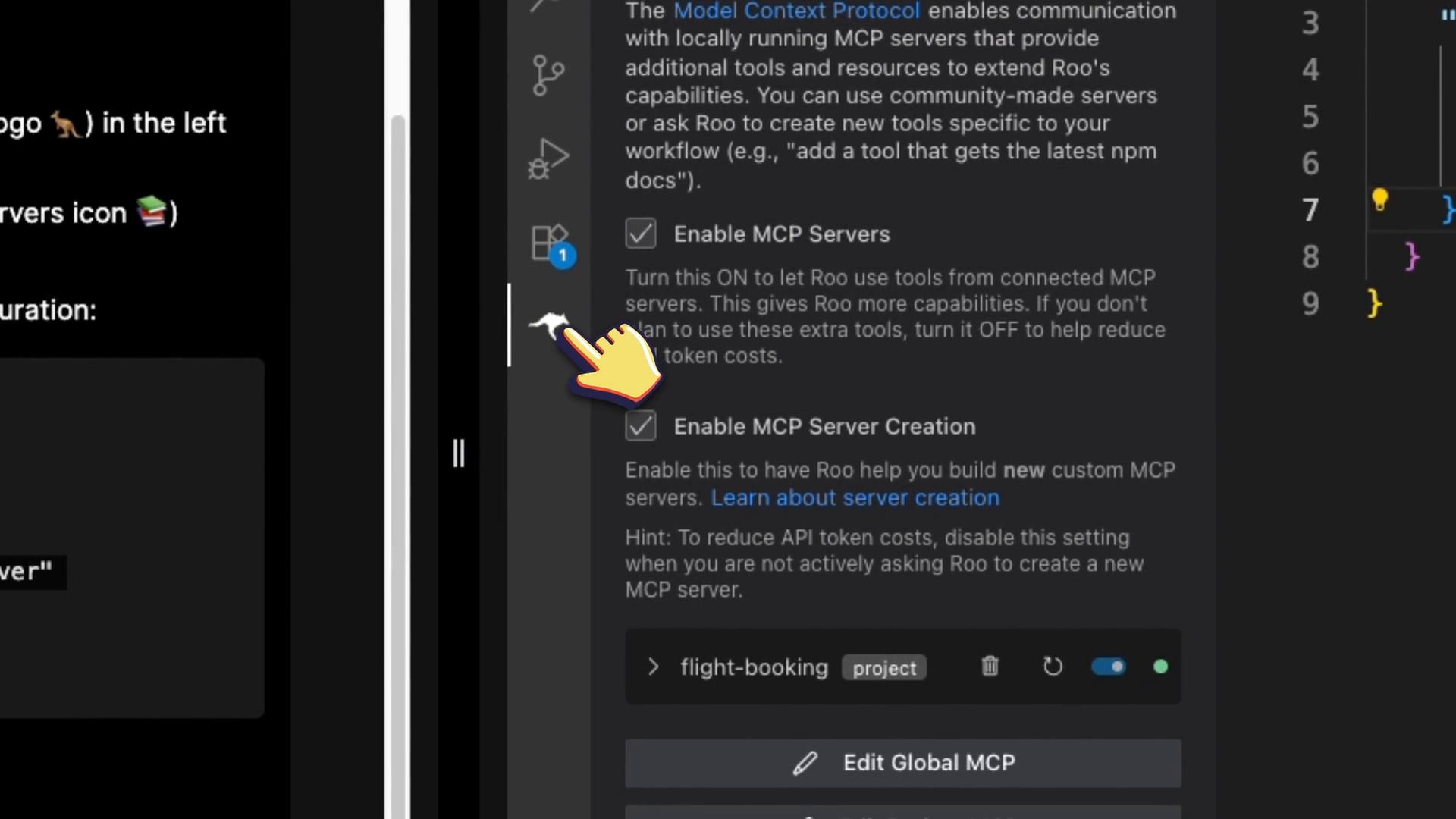 A dark-themed app settings screenshot showing options to "Enable MCP Servers" and "Enable MCP Server Creation" with a sidebar of icons and a pointing-hand sticker. The lower area shows a "flight-booking" project tag and an "Edit Global MCP" button.