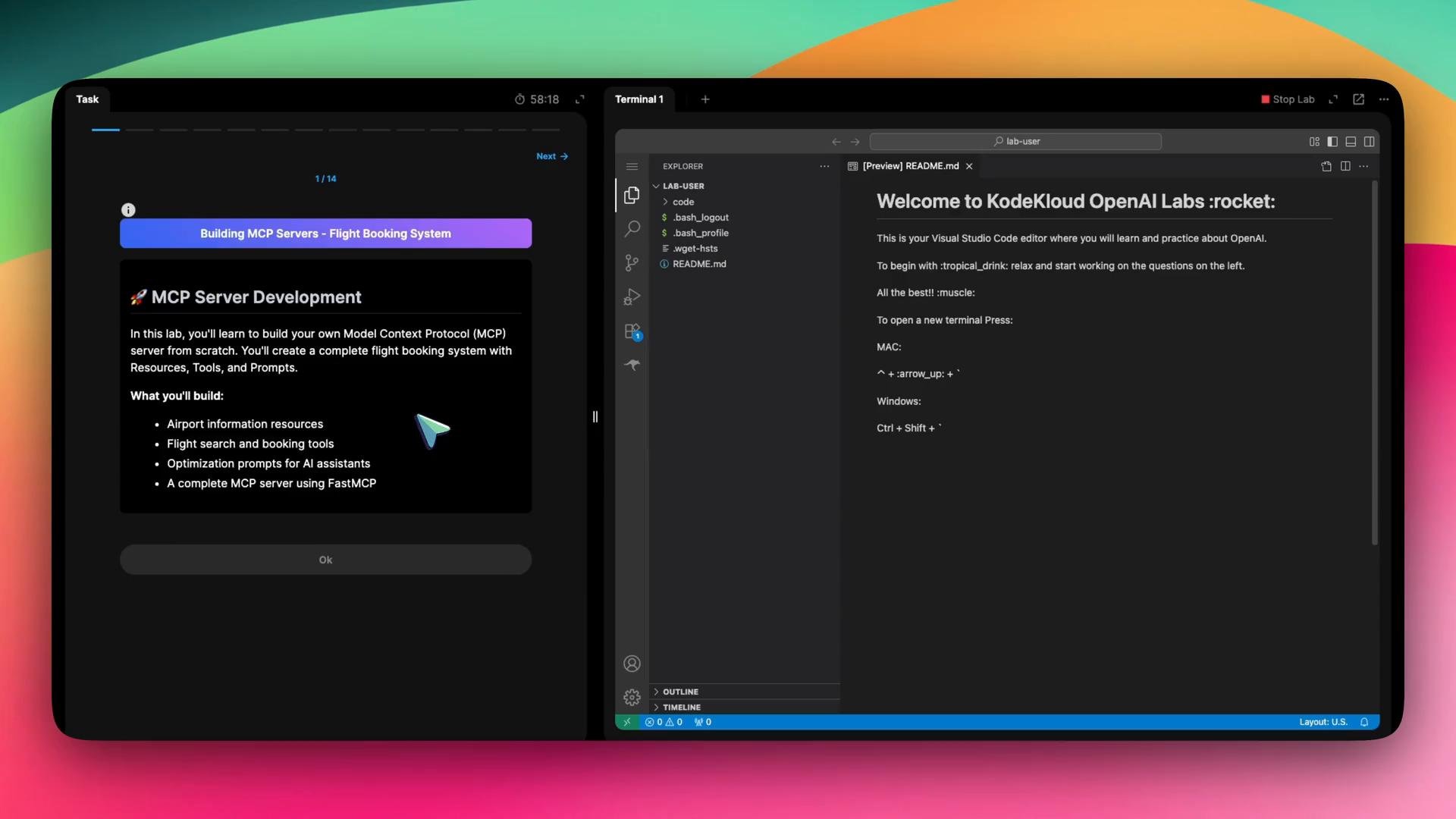A split-screen computer interface showing a coding lab on the left and a Visual Studio Code editor on the right. The left panel displays an "MCP Server Development" flight-booking lab, while the right shows a README welcome page for "KodeKloud OpenAI Labs."