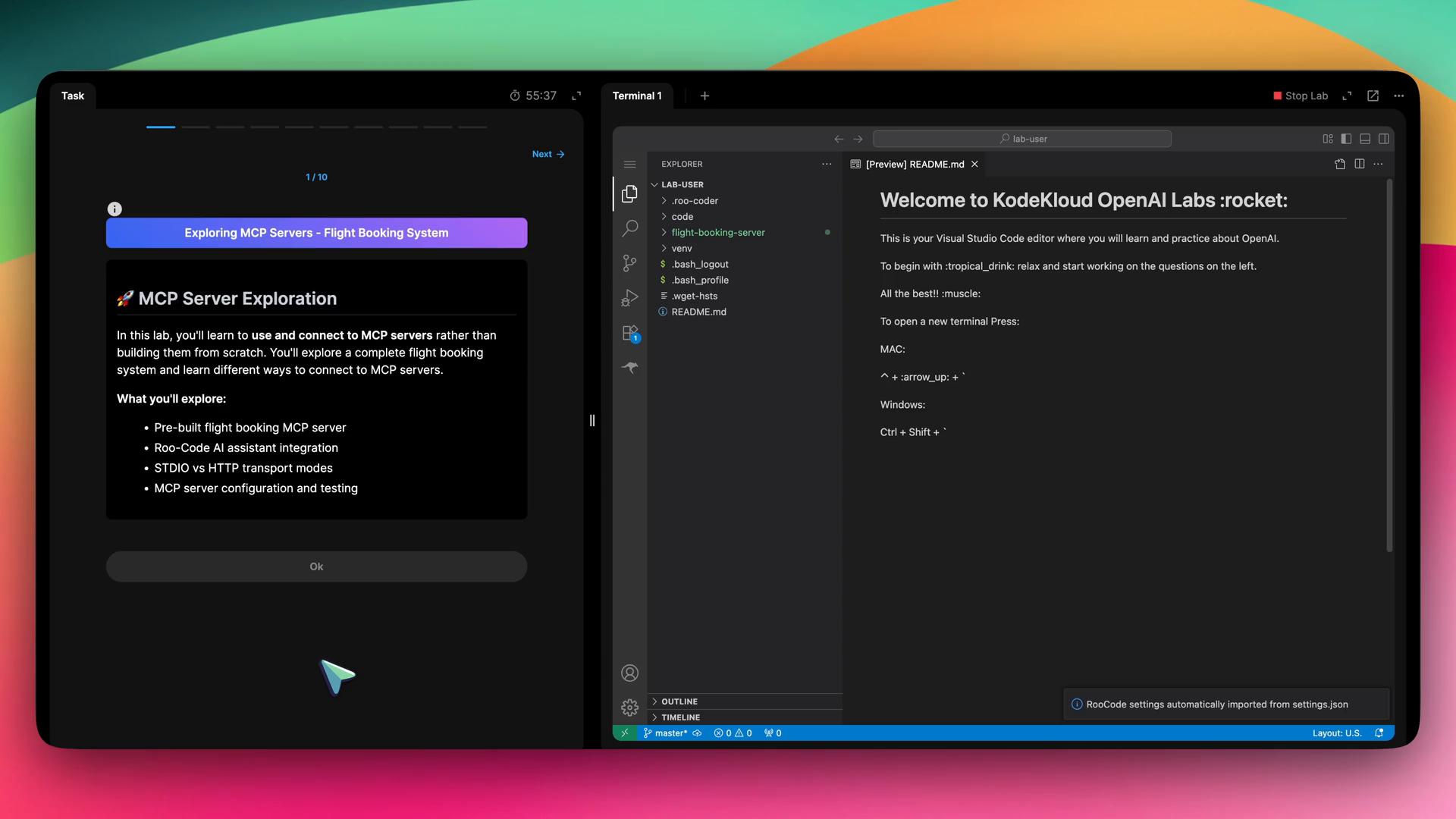 A split-screen developer workspace: the left panel shows a lab task titled "MCP Server Exploration – Flight Booking System" with instructions, and the right panel displays Visual Studio Code open to a README welcoming users to KodeKloud OpenAI Labs.