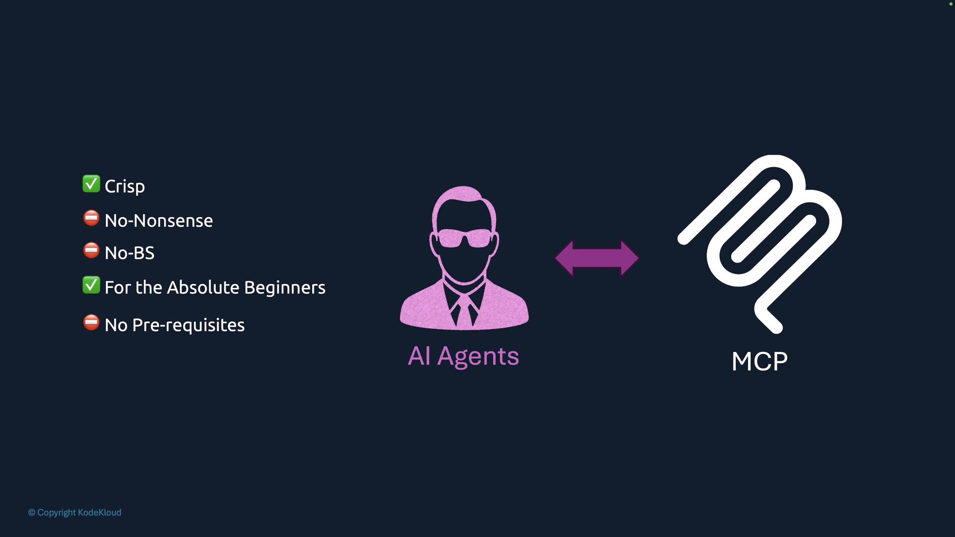 A dark presentation slide showing a pink icon labeled "AI Agents" connected by a double-headed arrow to a white MCP logo. A left-side checklist notes features like "Crisp" and "For the Absolute Beginners" alongside crossed-out items such as "No-Nonsense" and "No-BS."