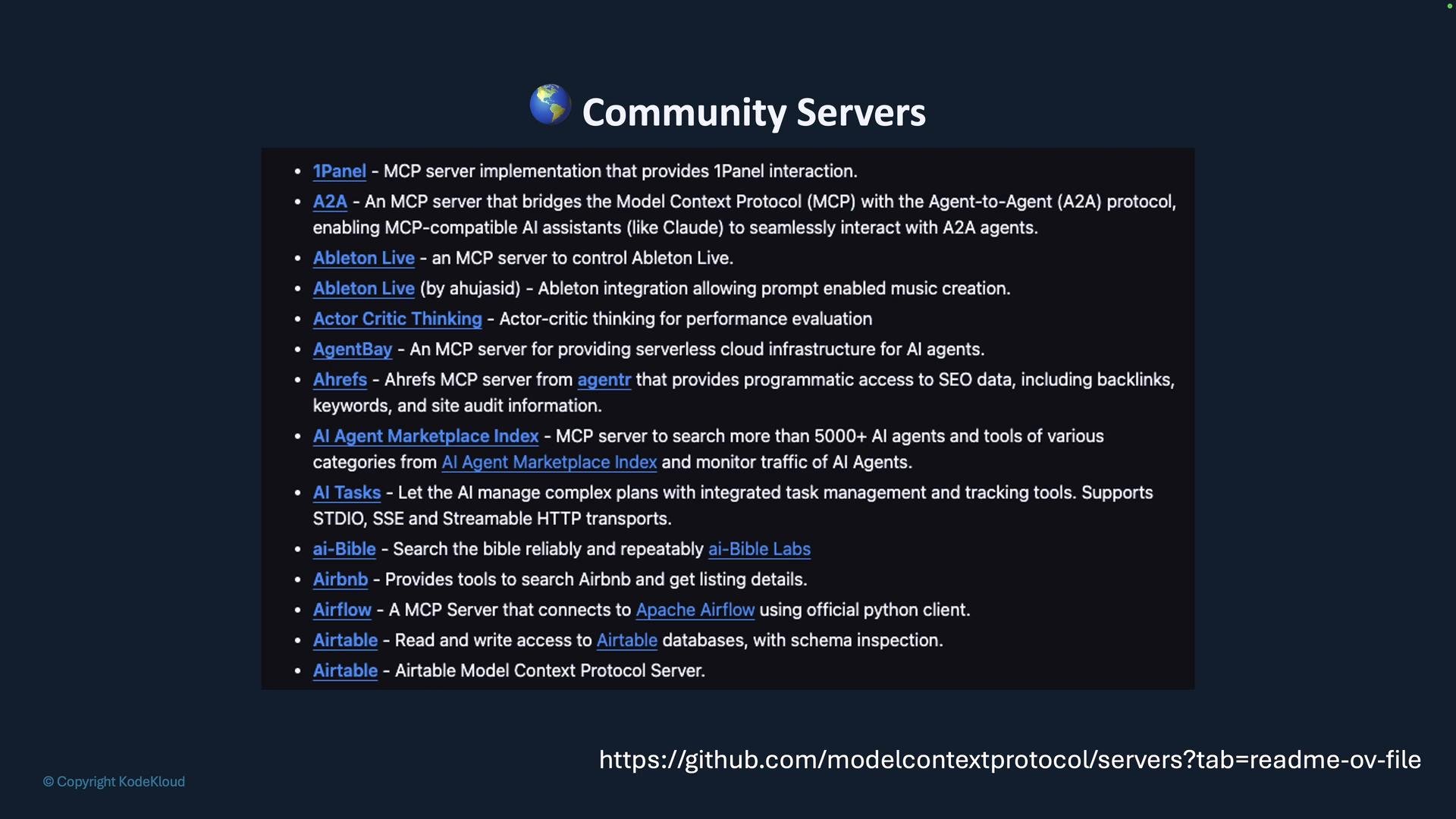 Screenshot of a "Community Servers" README page showing a bulleted list of MCP server projects and links (e.g., 1Panel, A2A, Ableton Live, Ahrefs). The page has a globe icon header and a GitHub URL at the bottom.