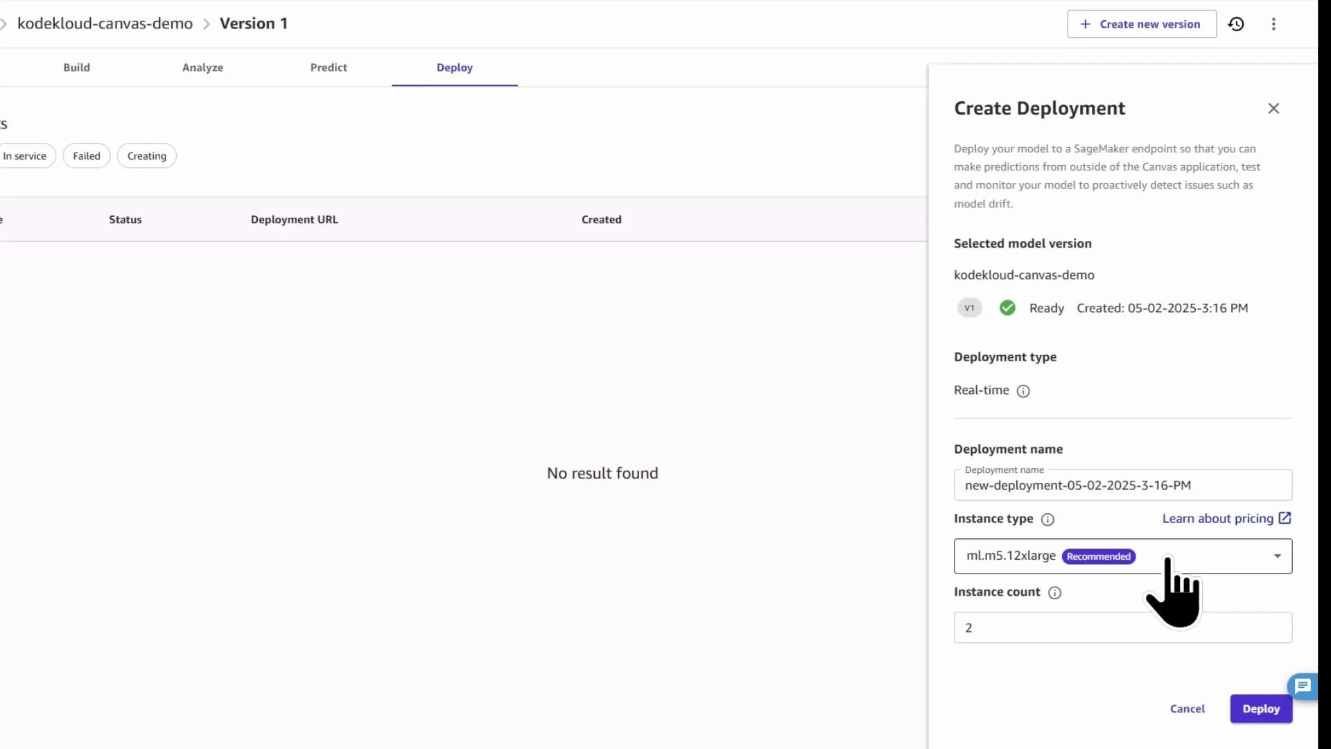 A web application screen showing a "Create Deployment" panel for deploying a model (selected model version, deployment type, instance type and count) with a Deploy button. The main page area is empty and displays "No result found."