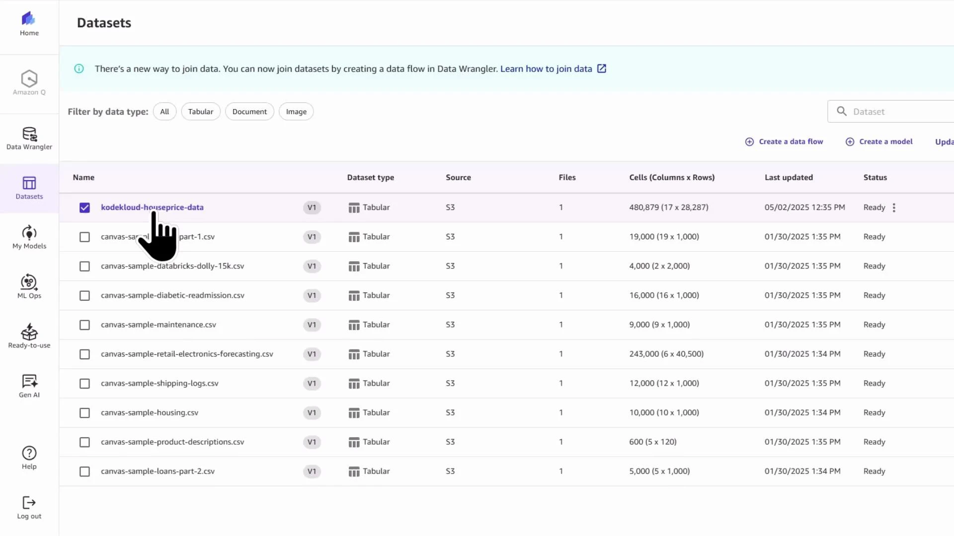 A screenshot of a "Datasets" dashboard listing tabular datasets with columns for name, dataset type, source (S3), file count, cells (columns × rows), last updated time, and status. The top dataset ("kodekloud-houseprice-data") is selected, indicated by a checked box and a pointing hand cursor.