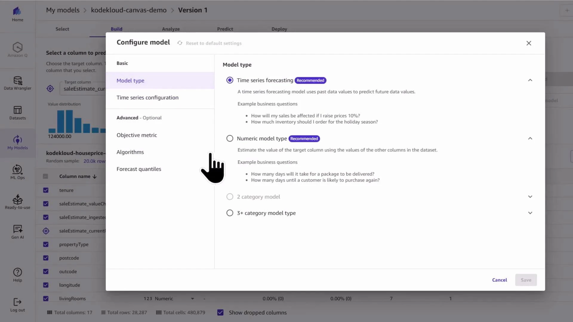 A screenshot of a machine learning UI showing a "Configure model" dialog with model type options (Time series forecasting, Numeric model type, etc.) and a left-side menu of configuration sections. The blurred background displays a dataset and column list.