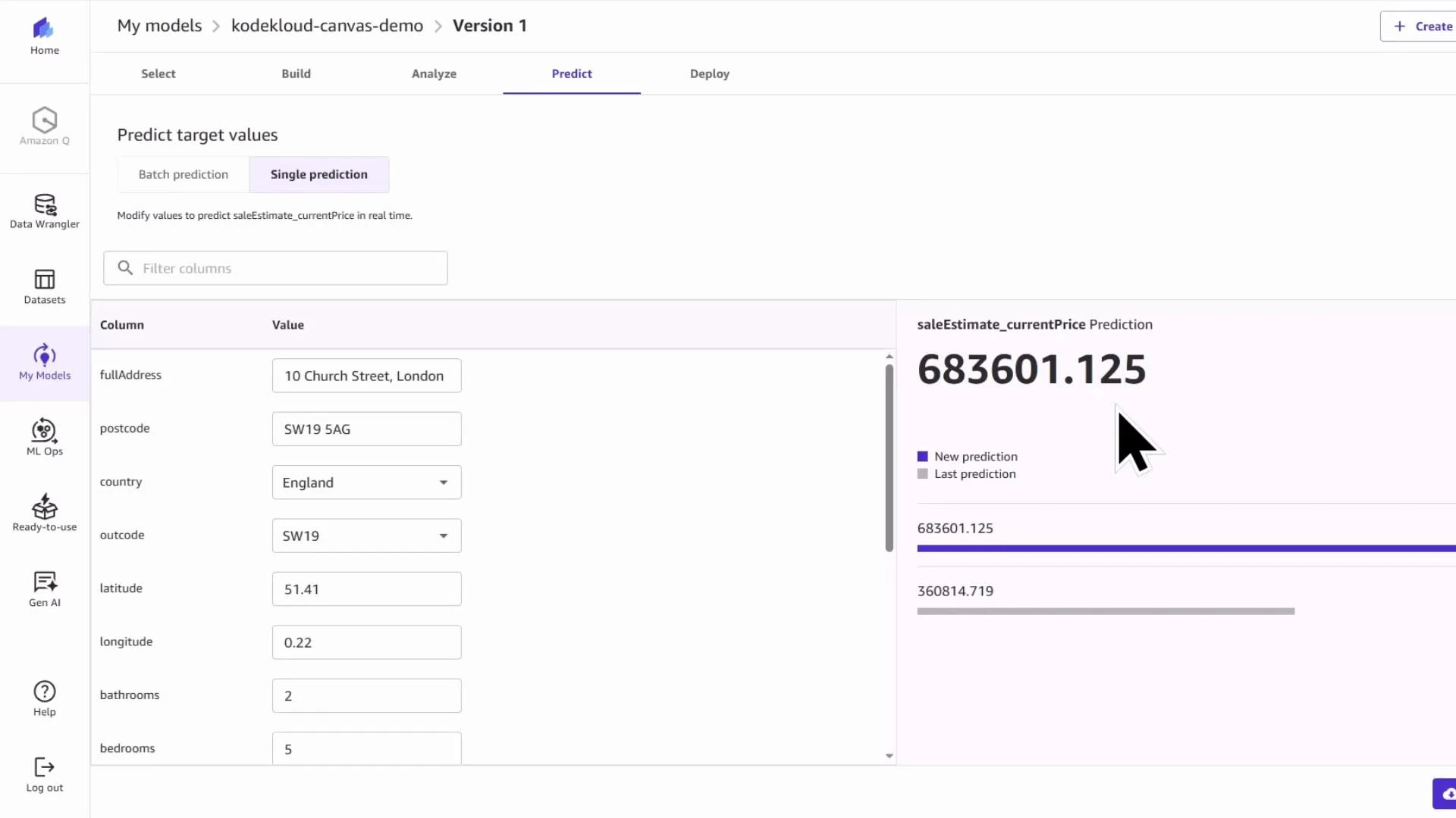 A web dashboard for a property price model showing input fields (address, postcode, country, latitude/longitude, bathrooms, bedrooms) on the left and a predicted sale price of 683,601.125 on the right. The panel is in "Single prediction" mode and compares the new prediction with the last one.