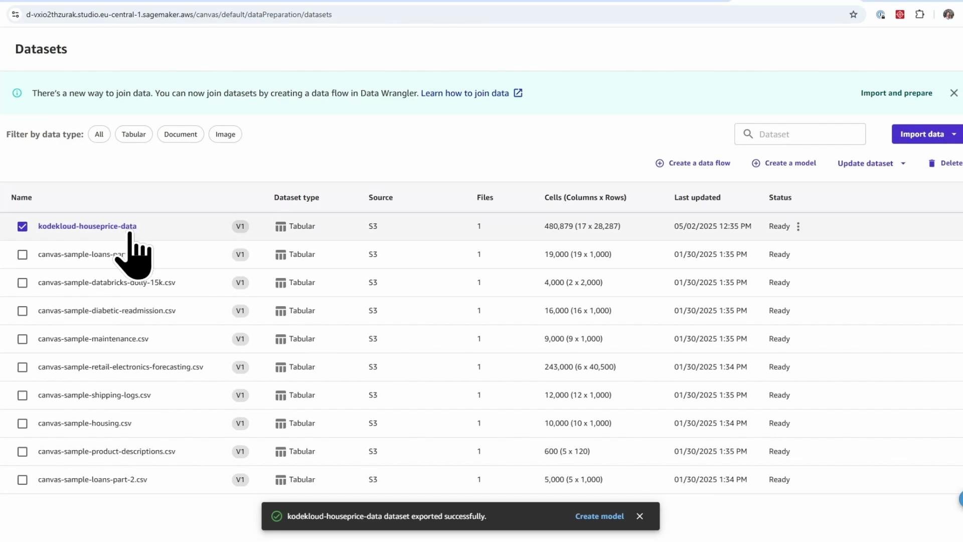 Screenshot of a "Datasets" management screen showing a list of tabular datasets (name, source, files, cells, last updated, status). The dataset "kodekloud-houseprice-data" is selected with a hand cursor over its checkbox.