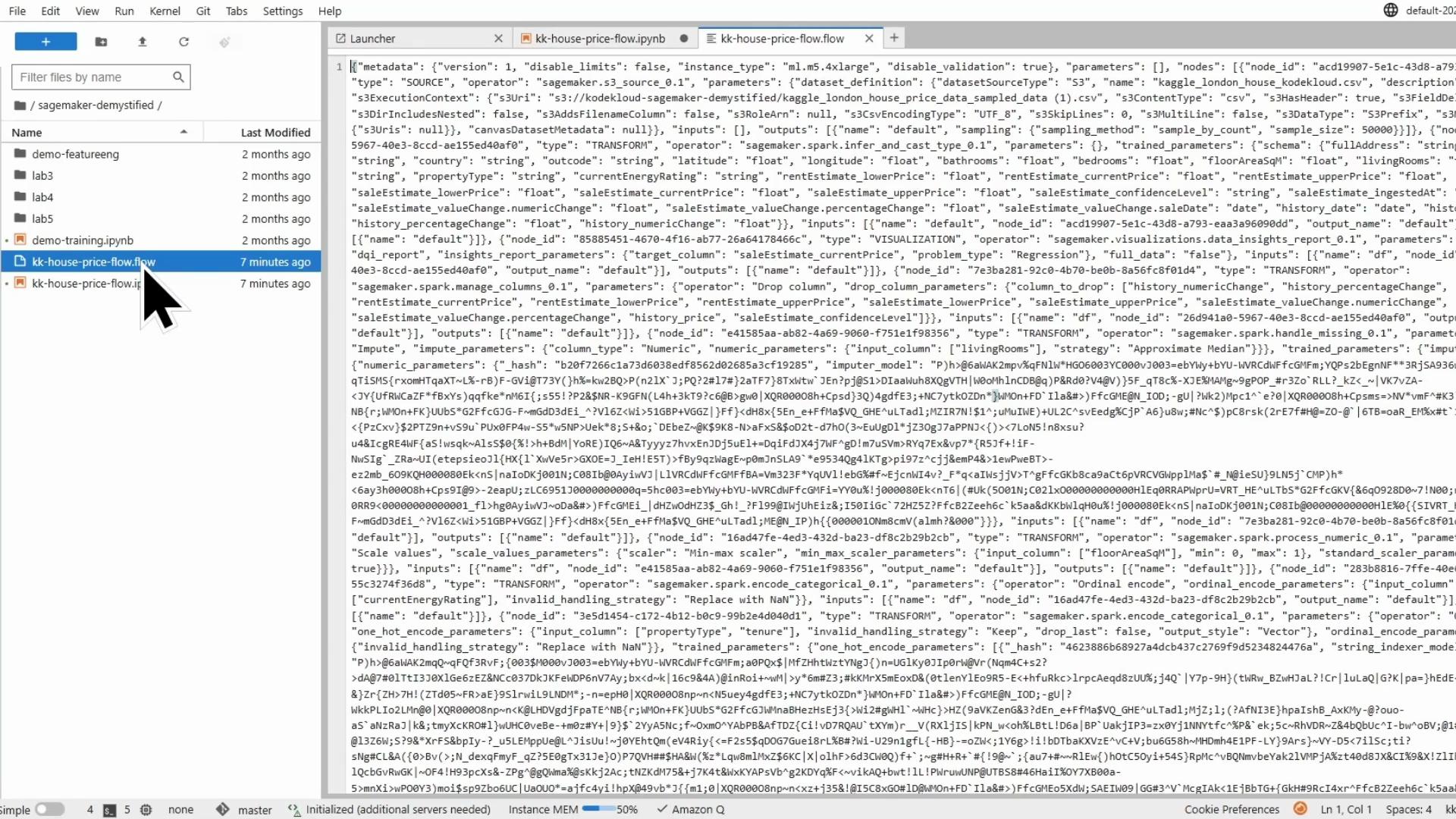 A screenshot of a development environment showing a file browser on the left and a code/editor pane on the right. A pointer is selecting a file named "kk-house-price-flow.flow" and the editor displays a long JSON-like flow/metadata file with many parameters.