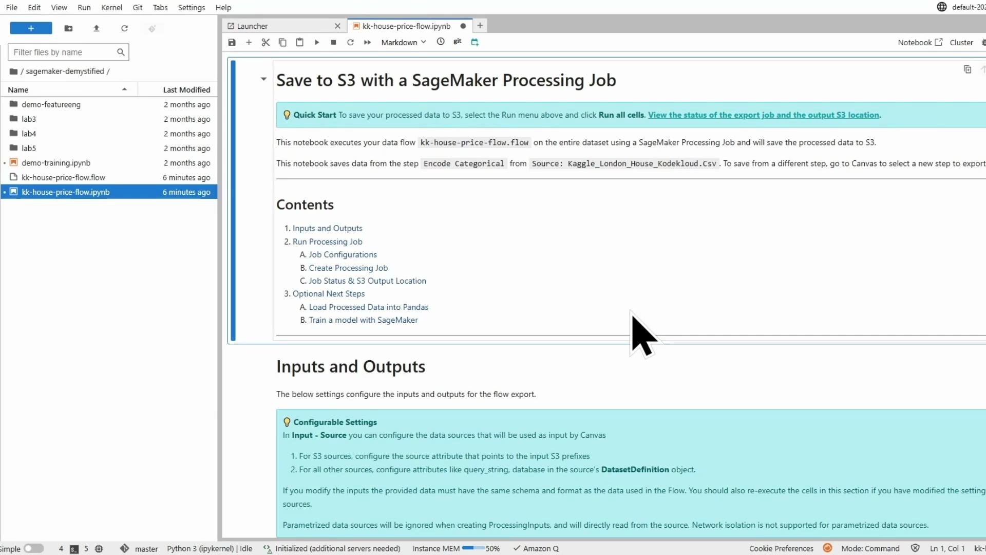 A screenshot of a Jupyter/SageMaker notebook titled "Save to S3 with a SageMaker Processing Job," showing a table of contents and an "Inputs and Outputs" section. A file browser with project files is visible in the left sidebar.