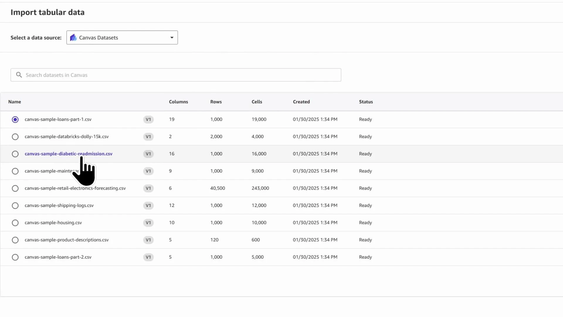 A screenshot of an "Import tabular data" interface showing a list of sample CSV datasets (name, columns, rows, cells, created, status). A hand-shaped cursor is clicking the "canvas-sample-diabetic-readmission.csv" entry.
