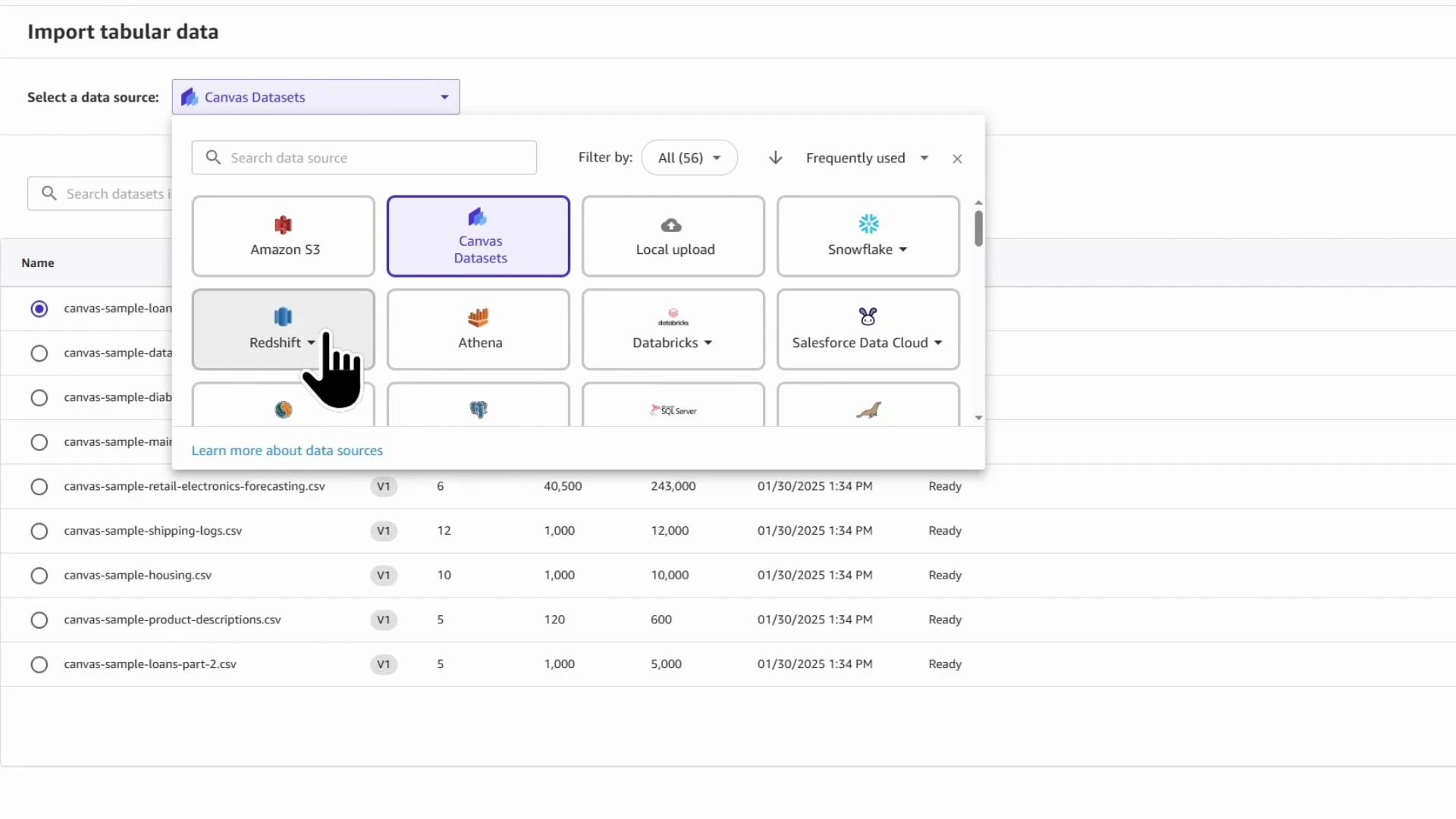 A data-import interface showing a pop-up to select a data source (Canvas Datasets, Amazon S3, Redshift, Snowflake, etc.) with a list of sample CSV datasets visible behind it. A hand-shaped cursor is pointing at the Redshift option.