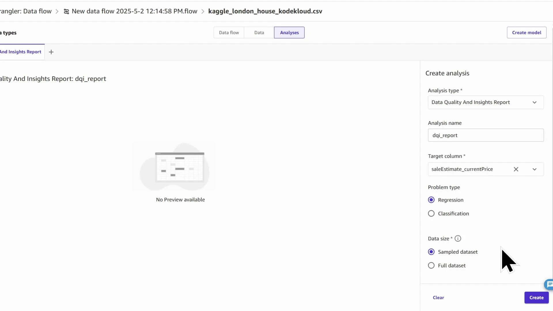 Screenshot of a web UI for creating a "Data Quality And Insights Report" (analysis name "dqi_report") with the target column set to saleEstimate_currentPrice, problem type "Regression", and data size "Sampled dataset". The main pane shows "No Preview available" and a "Create" button is visible on the right.