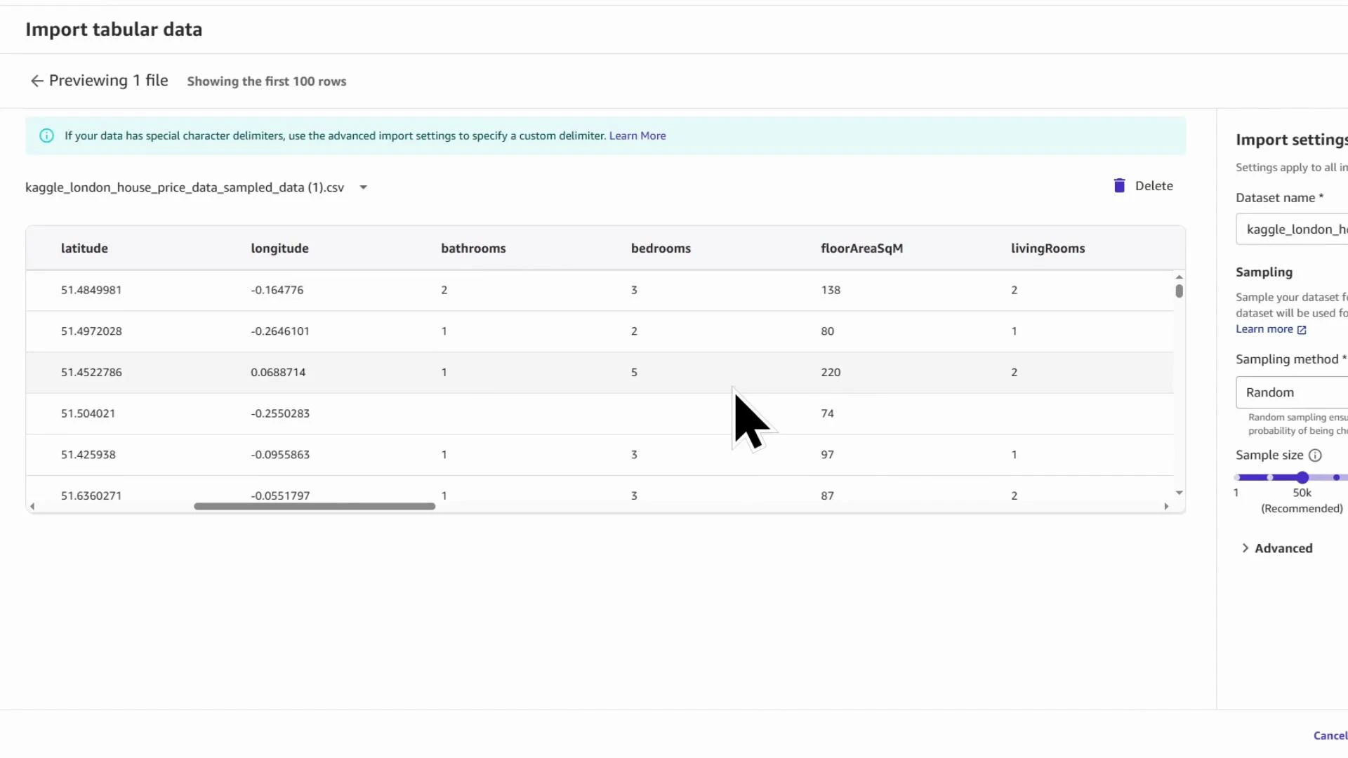 A screenshot of a dataset import preview showing the first rows of a CSV (kaggle_london_house_price_data_sampled_data) with columns like latitude, longitude, bathrooms, bedrooms, floorAreaSqM and livingRooms. An import settings panel with sampling options is visible on the right and a cursor arrow hovers over the table.