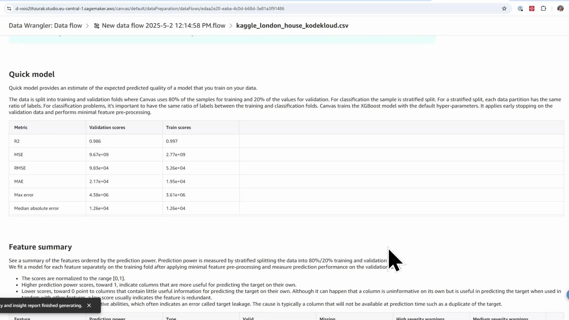 A screenshot of a "Quick model" results page in a data-wrangling tool showing a table of validation and train scores (R2, MSE, RMSE, MAE, max error, median absolute error). Below the table is a "Feature summary" section with explanatory text about prediction power and feature ordering.