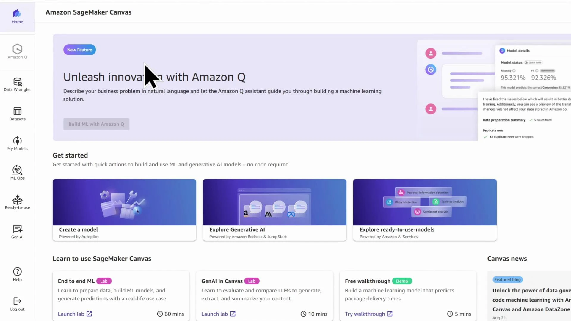 A screenshot of the Amazon SageMaker Canvas web interface with a large banner promoting "Amazon Q" and a "Get started" area. Below the banner are quick-action tiles like "Create a model" and "Explore Generative AI," with navigation icons down the left side.