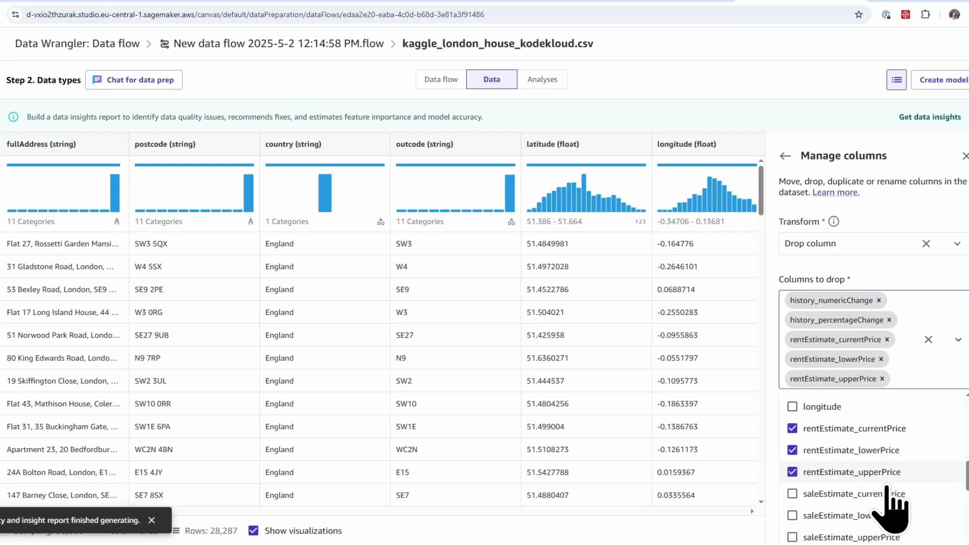 A screenshot of AWS SageMaker Data Wrangler showing a preview of a "kaggle_london_house_kodekloud.csv" dataset with columns like fullAddress, postcode, country, outcode, latitude and longitude. The right side shows a "Manage columns" panel where several columns are selected to be dropped or kept.