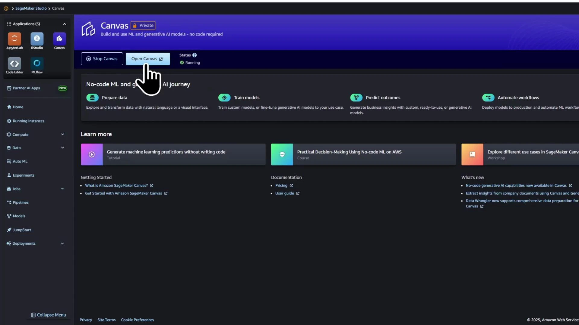 The image shows the Amazon SageMaker Studio Canvas dark-themed web dashboard with a highlighted "Open Canvas" button and a hand cursor. The main area outlines no-code ML features (prepare data, train models, predict outcomes) and learning resources, with a left sidebar of related apps and navigation.