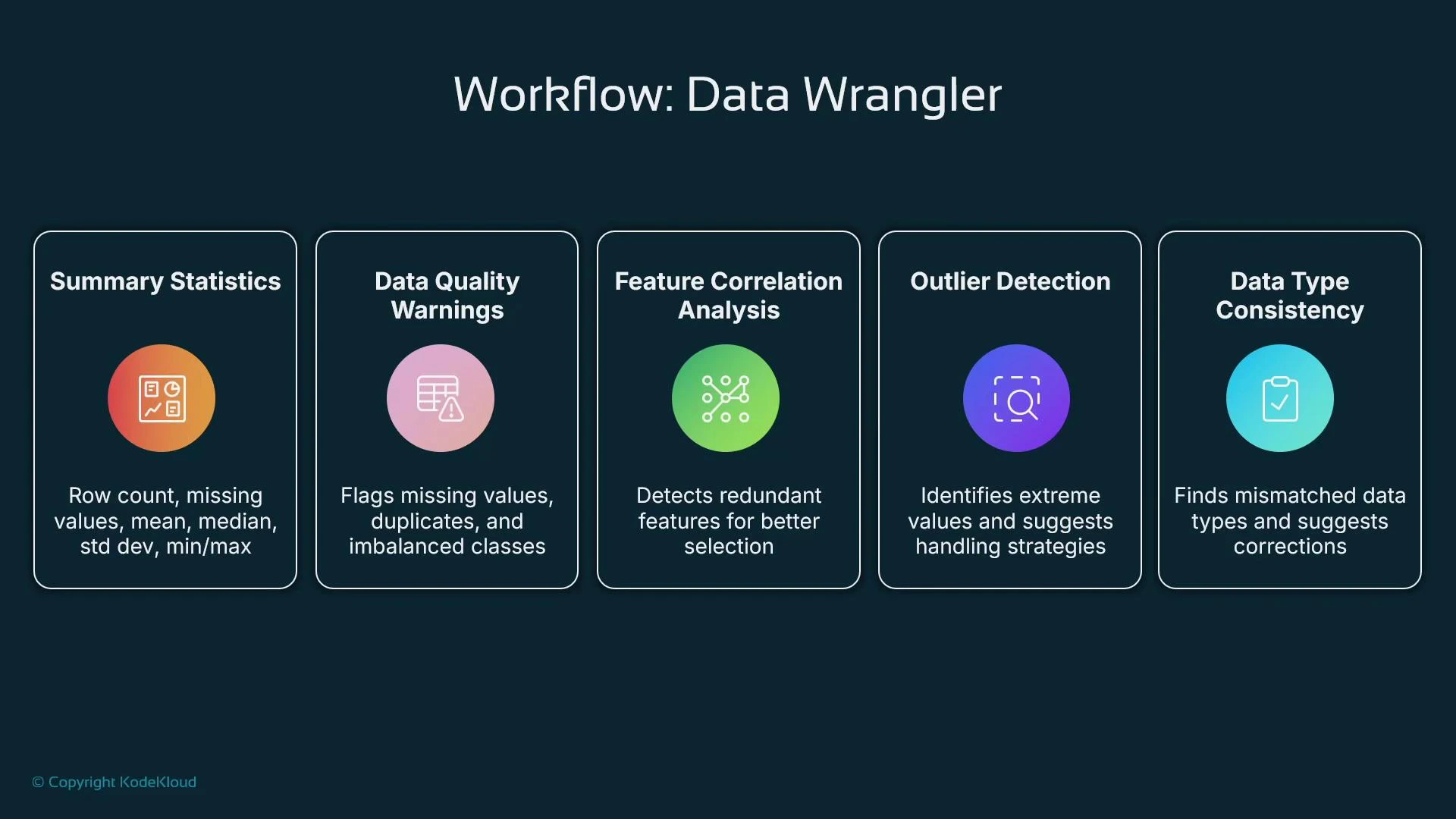A dark-themed infographic titled "Workflow: Data Wrangler" showing five labeled panels: Summary Statistics, Data Quality Warnings, Feature Correlation Analysis, Outlier Detection, and Data Type Consistency, each with an icon and brief description.
