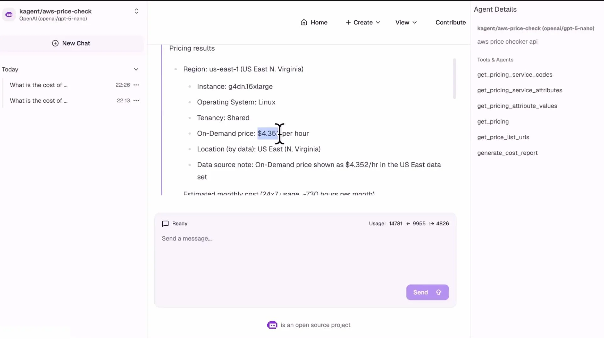 Screenshot of a chat-style interface displaying AWS pricing results for a g4dn.16xlarge Linux instance in us‑east‑1 with an on‑demand price of about $4.35/hr. The right sidebar shows agent details and available pricing API functions.