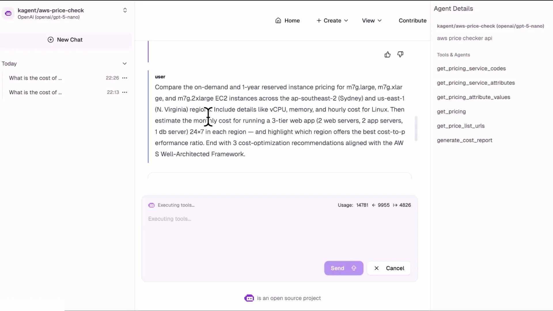 A screenshot of a chatbot UI where the user asks to compare on‑demand and 1‑year reserved pricing for AWS m7g EC2 instances across Sydney and N. Virginia. The right sidebar shows agent details and tool names, and the lower pane shows an "Executing tools..." area with Send/Cancel buttons.